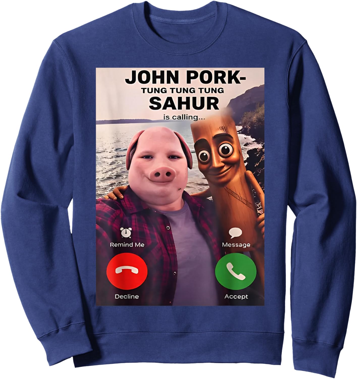 John Pork Tung Tung Sahur Calling Brainrot Meme Boys Kids Sweatshirt - Sweatshirt | Navy