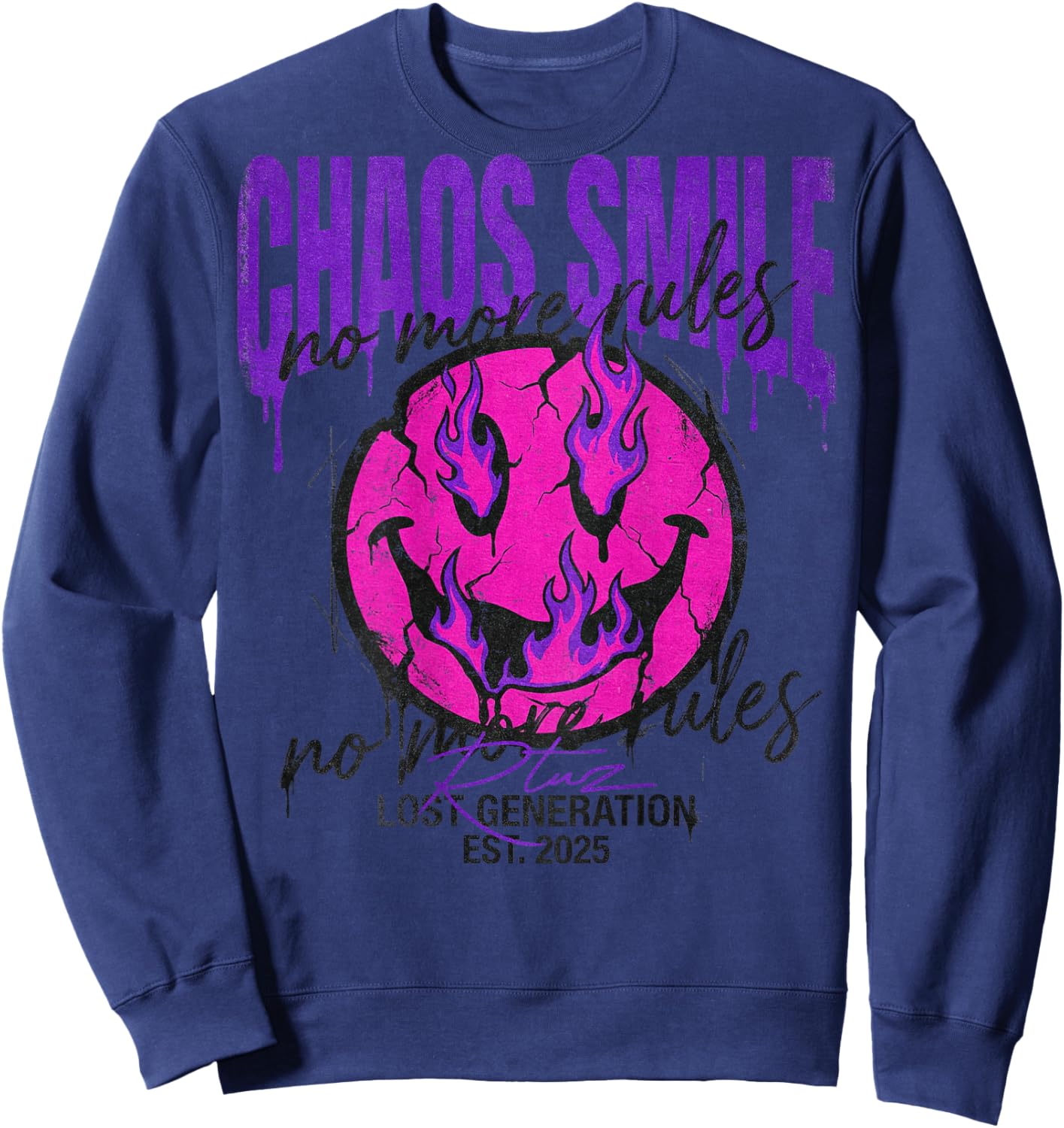 Cool Y2K Back Print Streetwear Fashion Women Men Retro Smile Sweatshirt - Sweatshirt | Navy