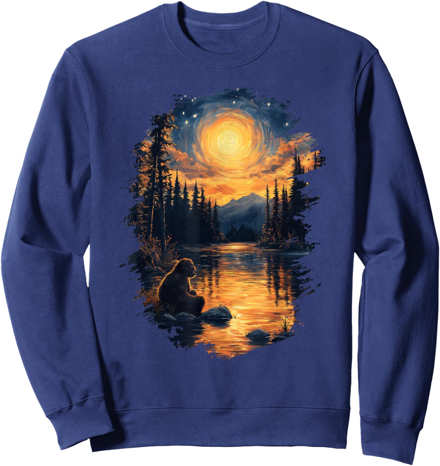Bigfoot Starry Night Forest Sasquatch Van Gogh Art Sweatshirt - Sweatshirt | Navy