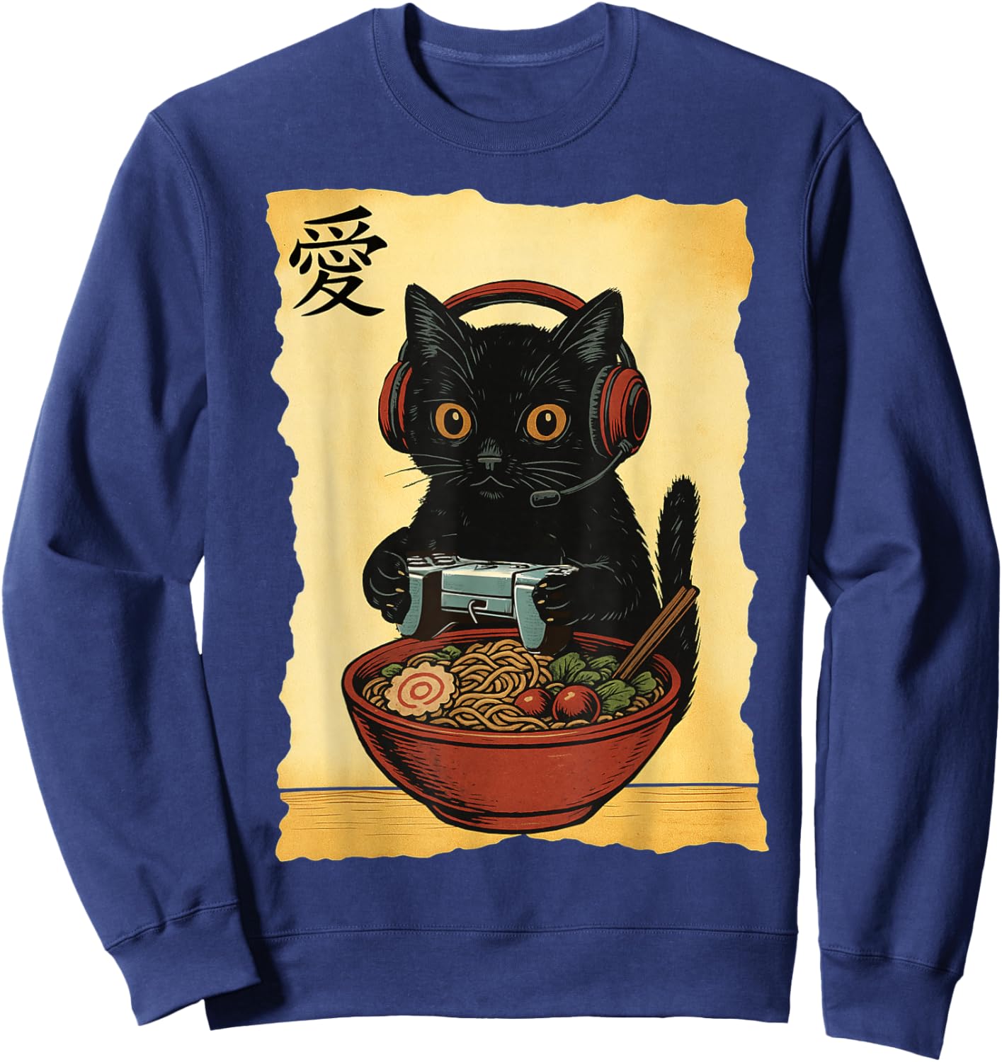 Cute Kawaii Gamer Cat Funny Ramen Retro Japanese Cat Gaming Sweatshirt - Sweatshirt | Navy