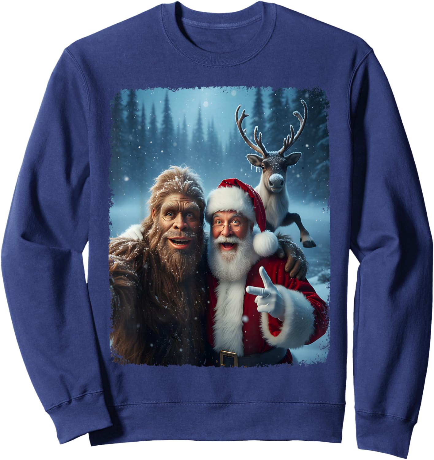 Santa Claus Bigfoot Selfie Top Xmas Meme Funny Christmas Sweatshirt - Sweatshirt | Navy