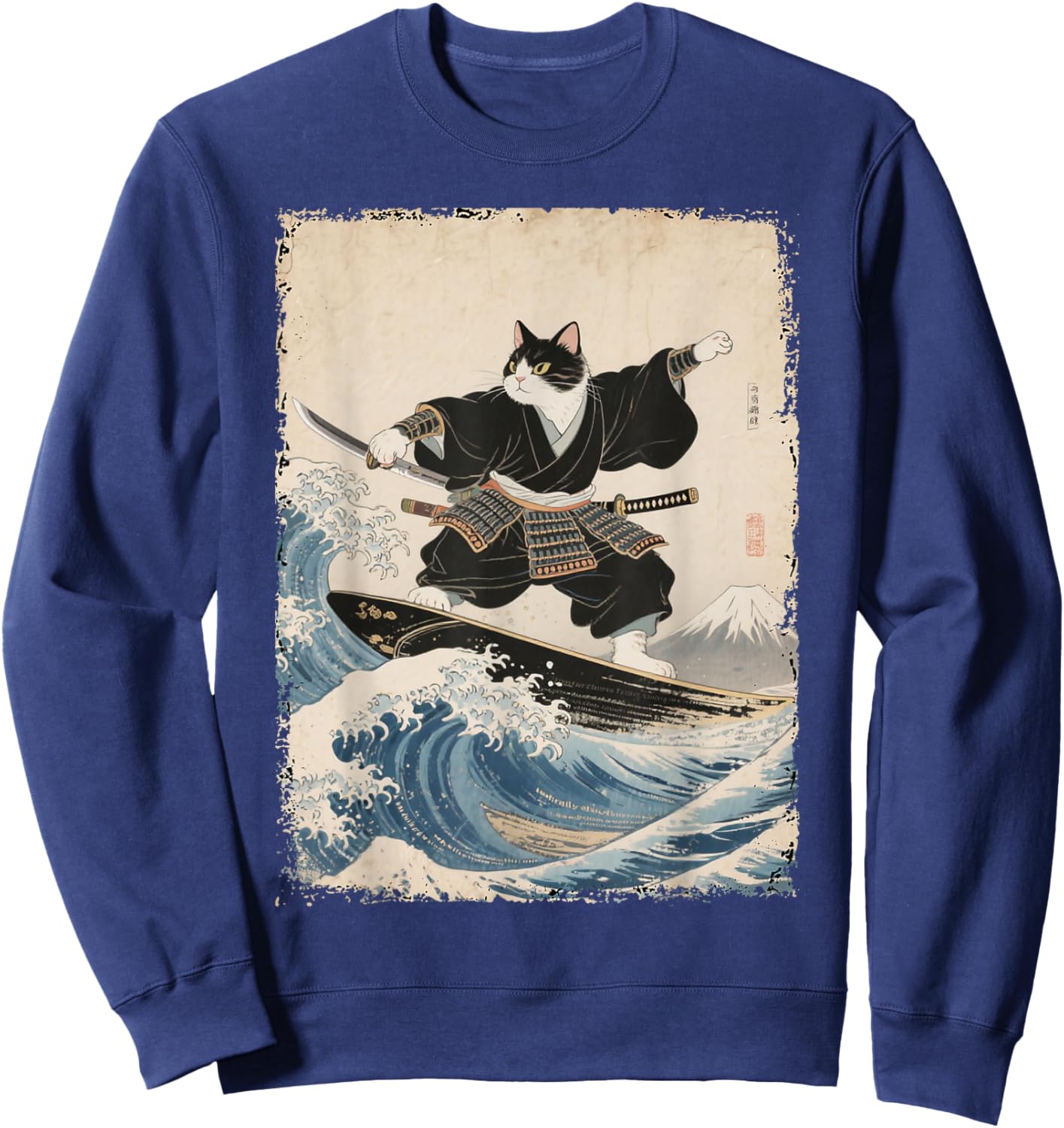 Samurai Cat Surfing Wave Art Japanese Ukiyo-e Art Sweatshirt - Sweatshirt | Navy