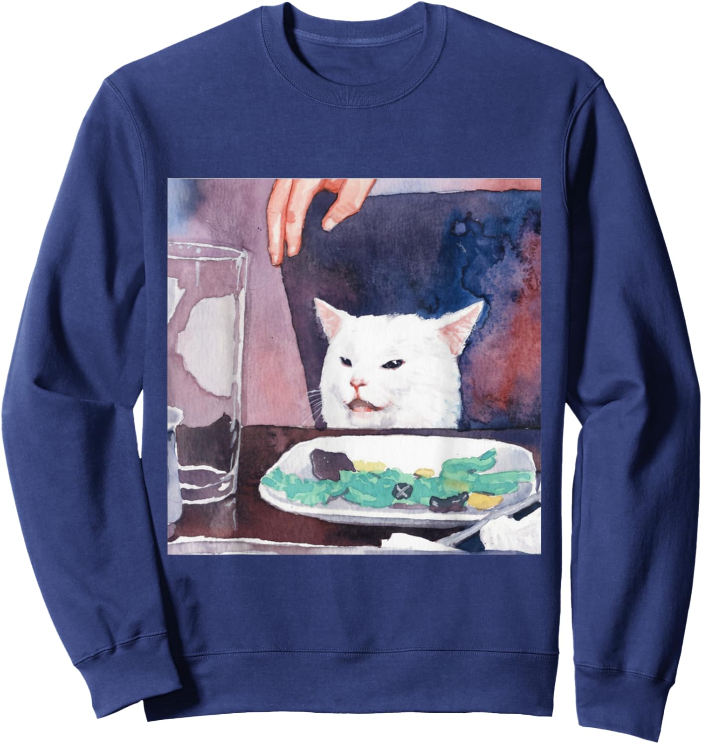 Funny Cat at Dinner Table Meme Sweatshirt - Sweatshirt | Navy