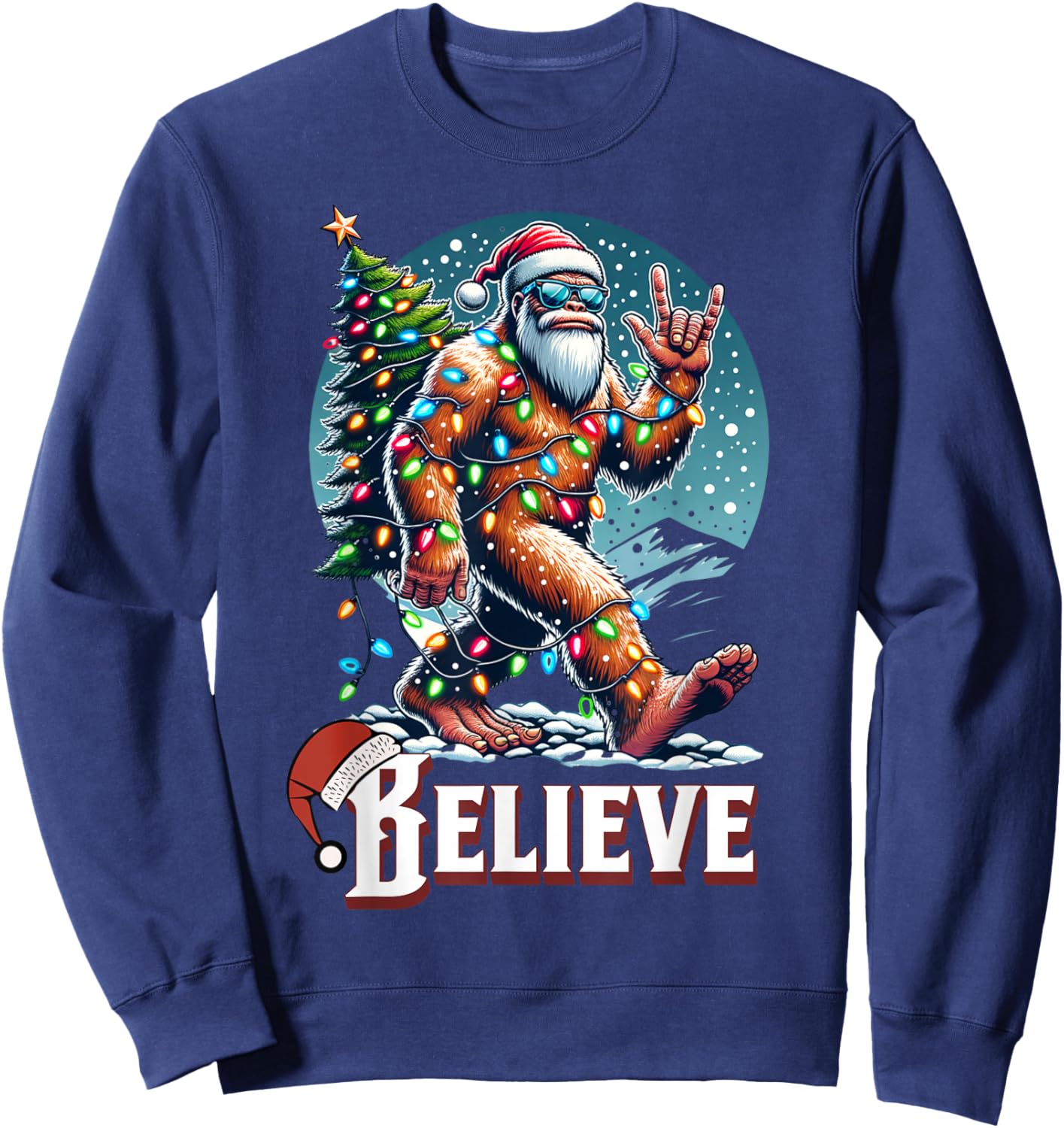 Santa Bigfoot Christmas Lights Funny Sasquatch Believe Xmas Sweatshirt - Sweatshirt | Navy