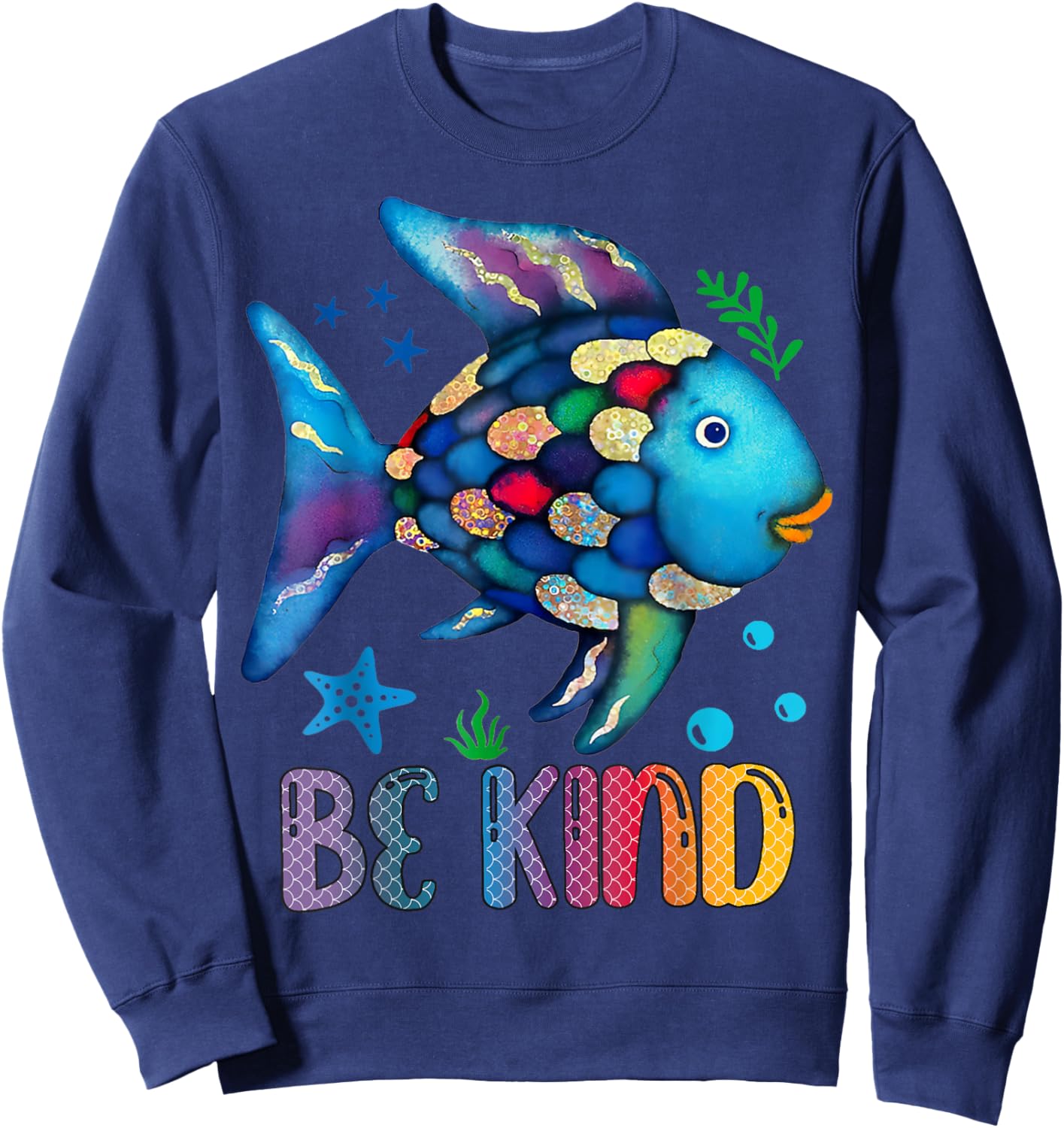 Kids Be Kind Rainbow Scale Fish Teacher Reading Book Sweatshirt - Sweatshirt | Navy