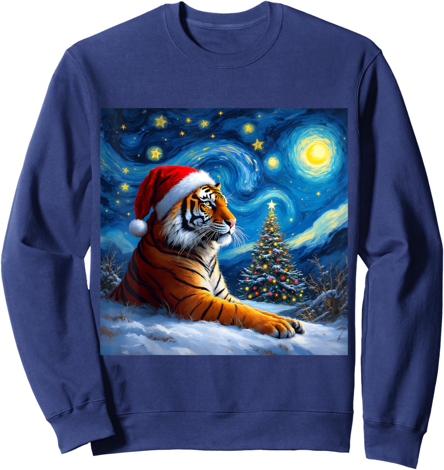 Christmas Tiger Santa Hat Van Gogh Starry Night Holiday Sweatshirt - Sweatshirt | Navy