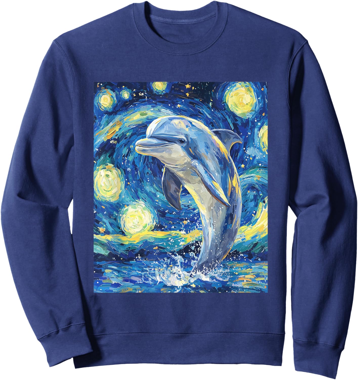 Cute Dolphin - Van Gogh Style - Starry Night Graphic Sweatshirt - Sweatshirt | Navy