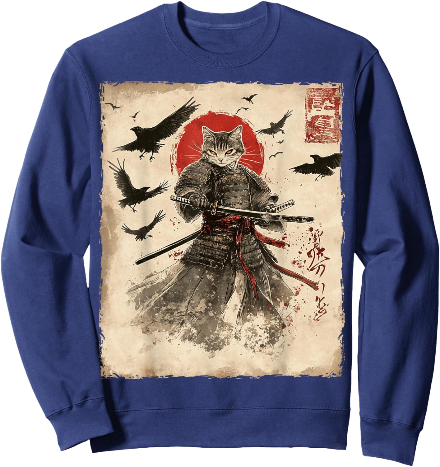 Cat Samurai Graphic Japanese Warrior Anime Sweatshirt - Sweatshirt | Navy