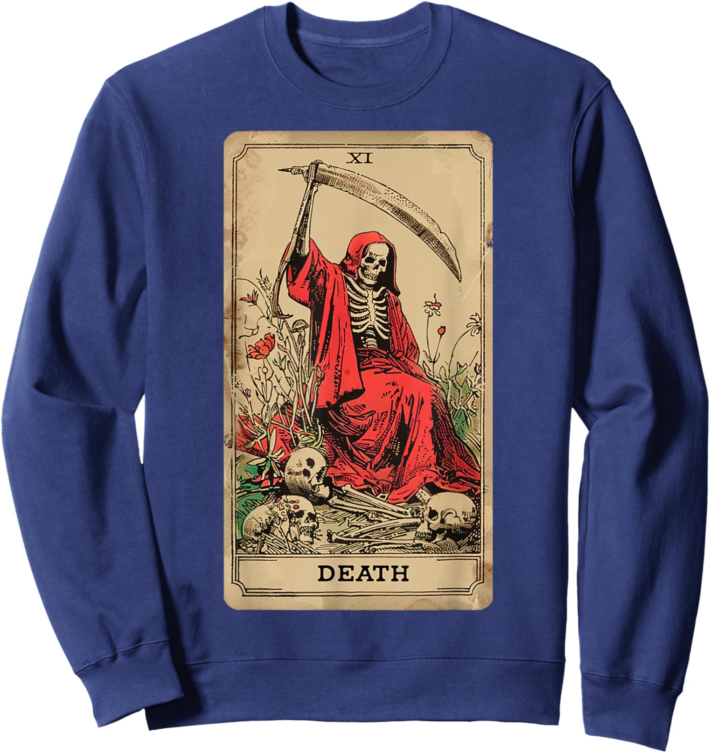 Vintage Tarot Card Death XIII Angel Skull Dead Reaper Grim Sweatshirt - Sweatshirt | Navy