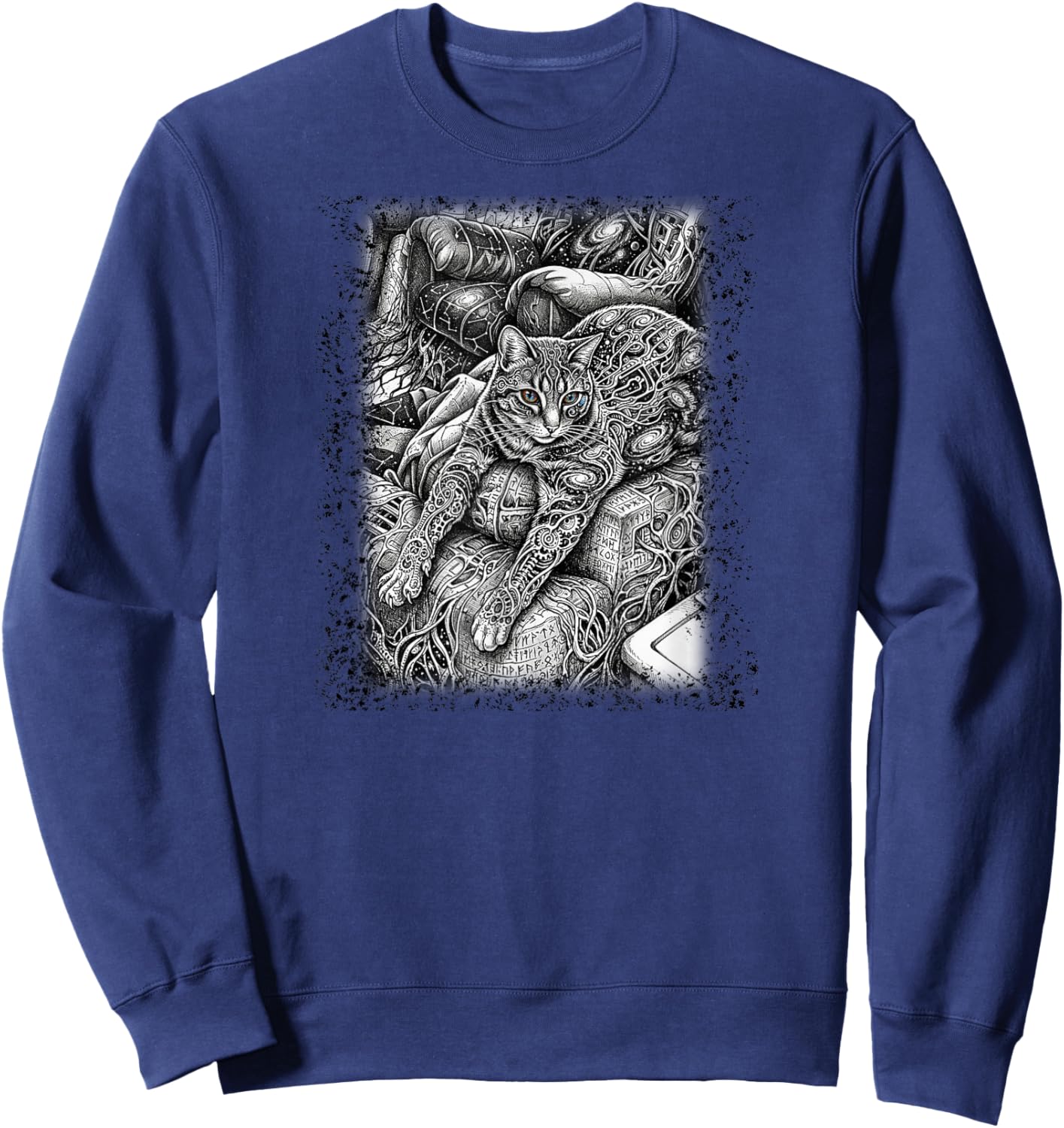 Dark Psychedelic Cat Graphic Surrealism Goth Sweatshirt - Sweatshirt | Navy