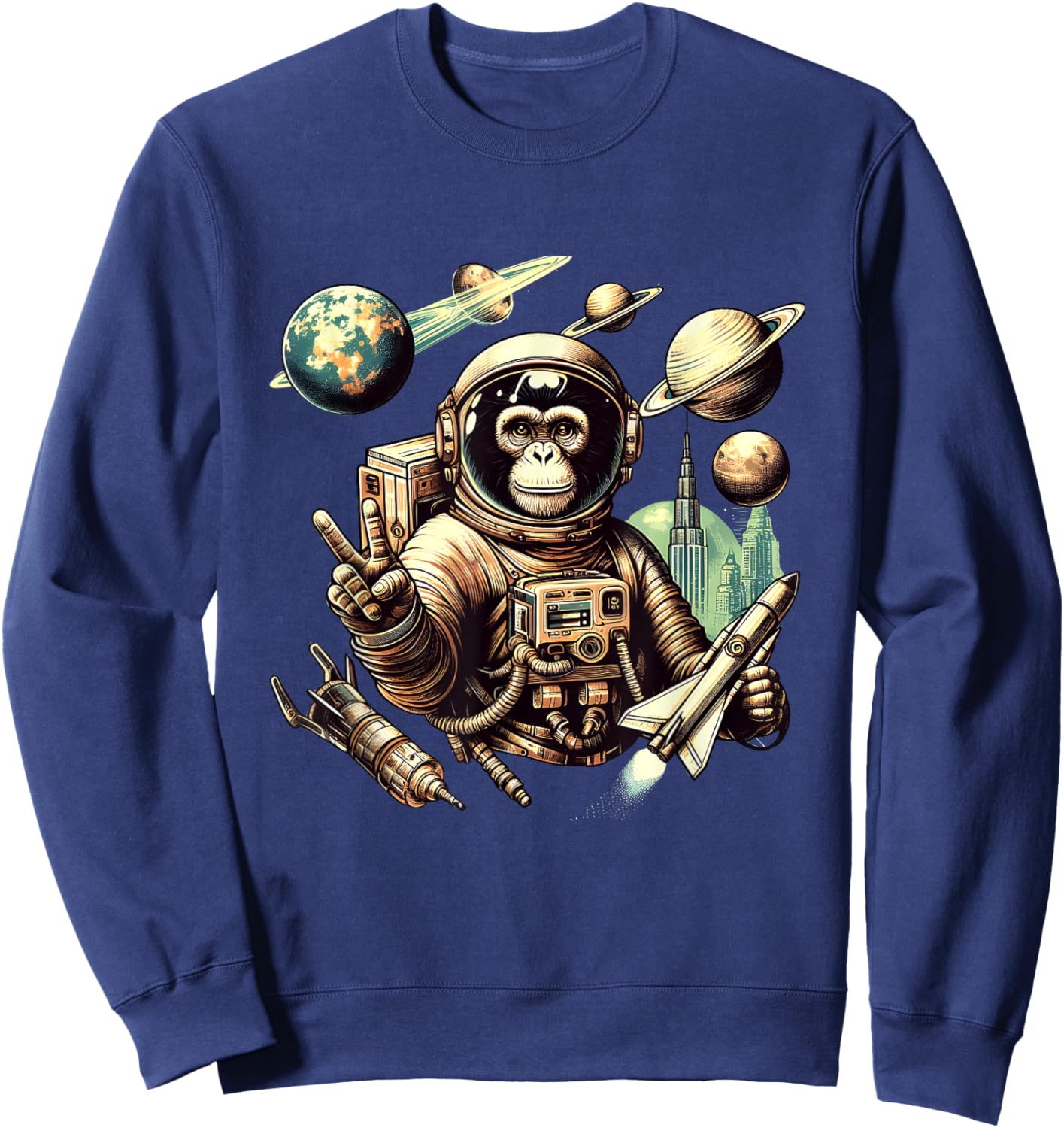 Space Vintage Travel Astronaut Monkey Holding Spaceship Sweatshirt - Sweatshirt | Navy