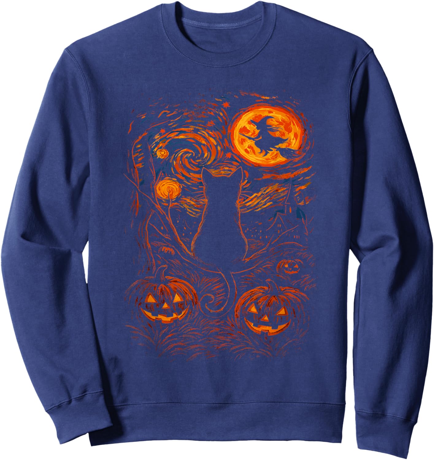 Halloween Black Cat Starry Night Witch Pumpkin Moon Sweatshirt - Sweatshirt | Navy