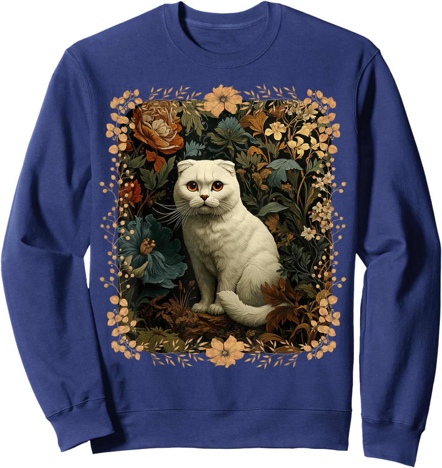 Scottish Fold White Cat in a Vintage Cottage Garden Sweatshirt - Sweatshirt | Navy