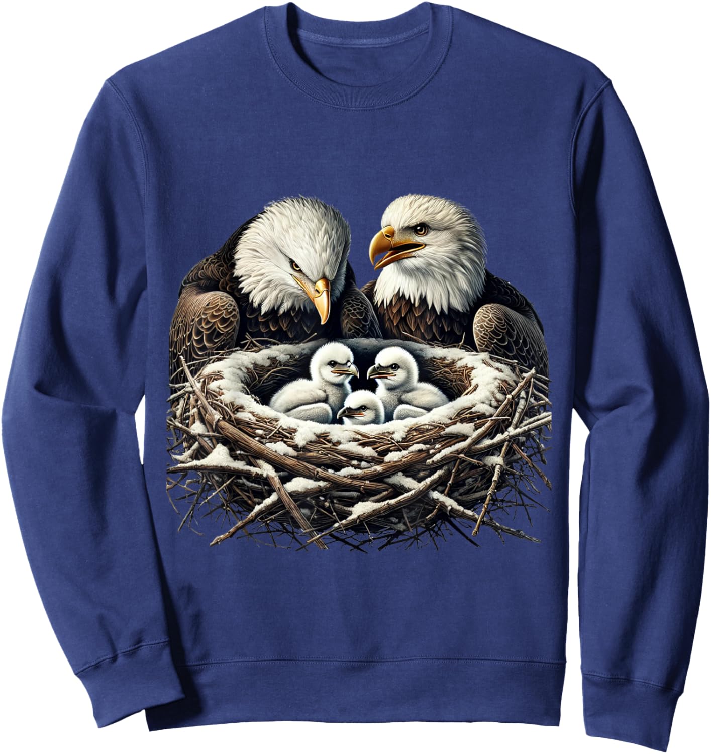 Bald Eagle Mom Dad Three Eaglet Chicks Babies in Nest Sweatshirt - Sweatshirt | Navy