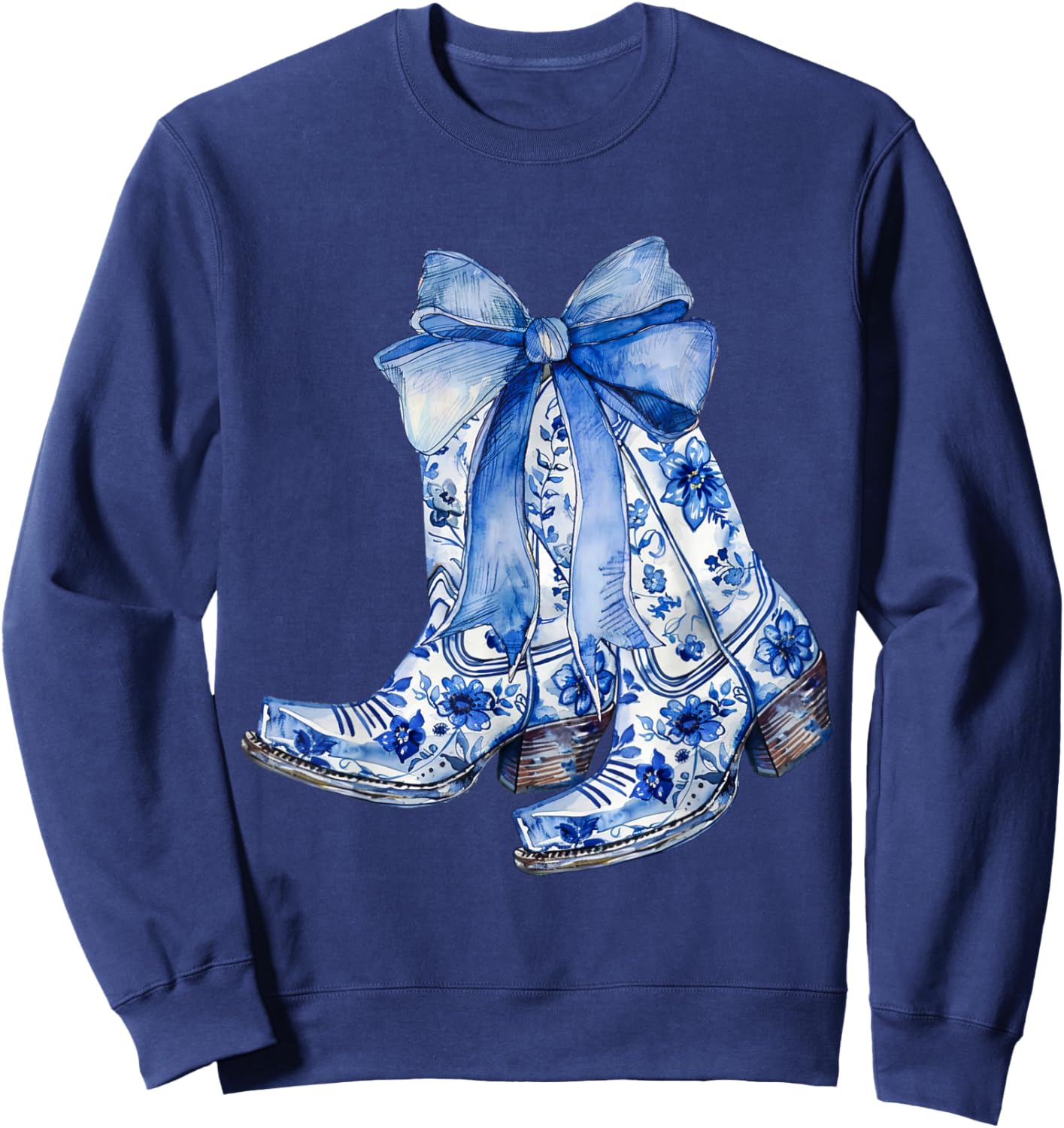 Coquette Blue Floral Boots Bow Cowboy Cowgirl Sweatshirt - Sweatshirt | Navy