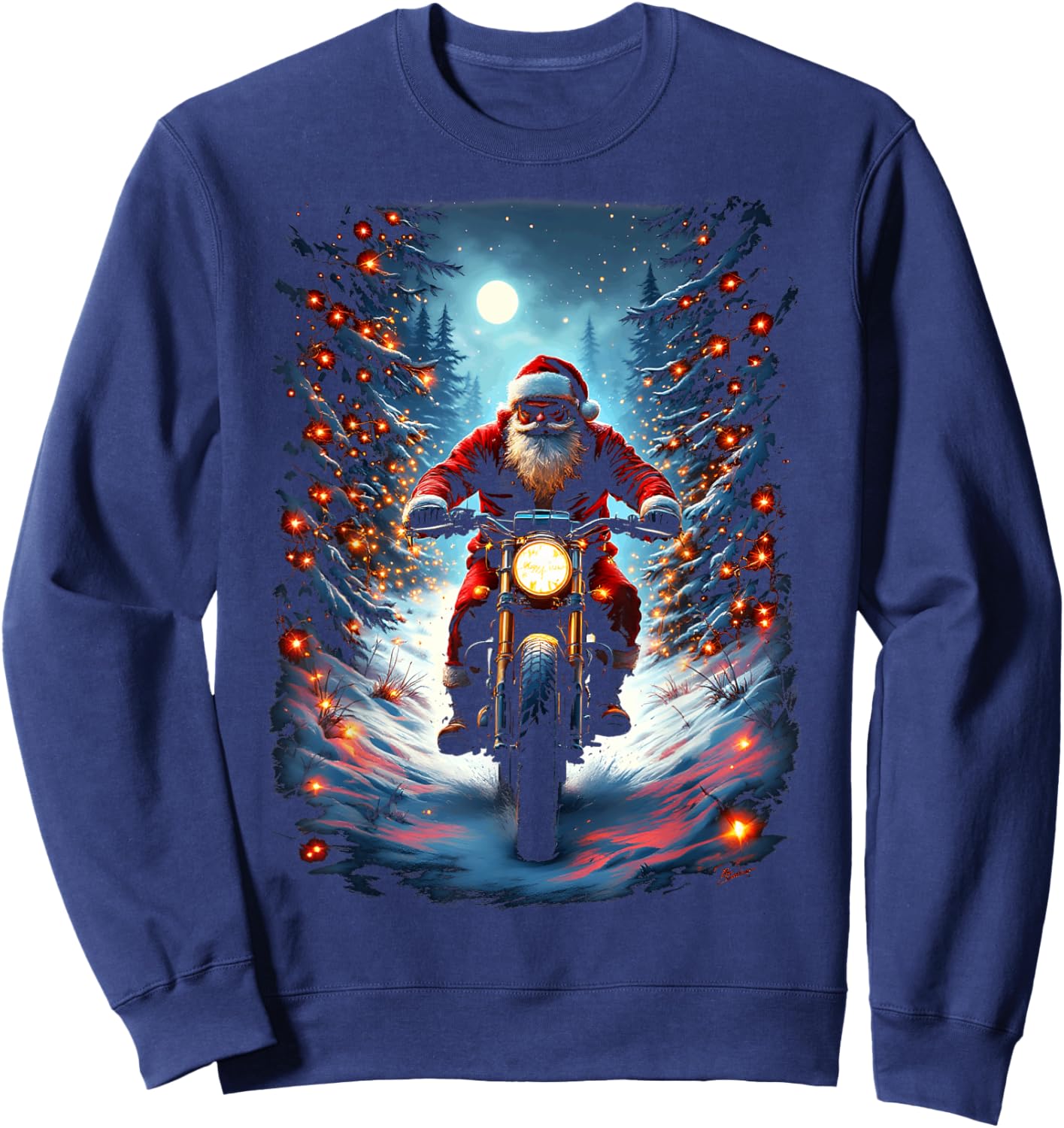 Santa Claus Biker Riding Motorcycle Christmas Moon Sweatshirt - Sweatshirt | Navy