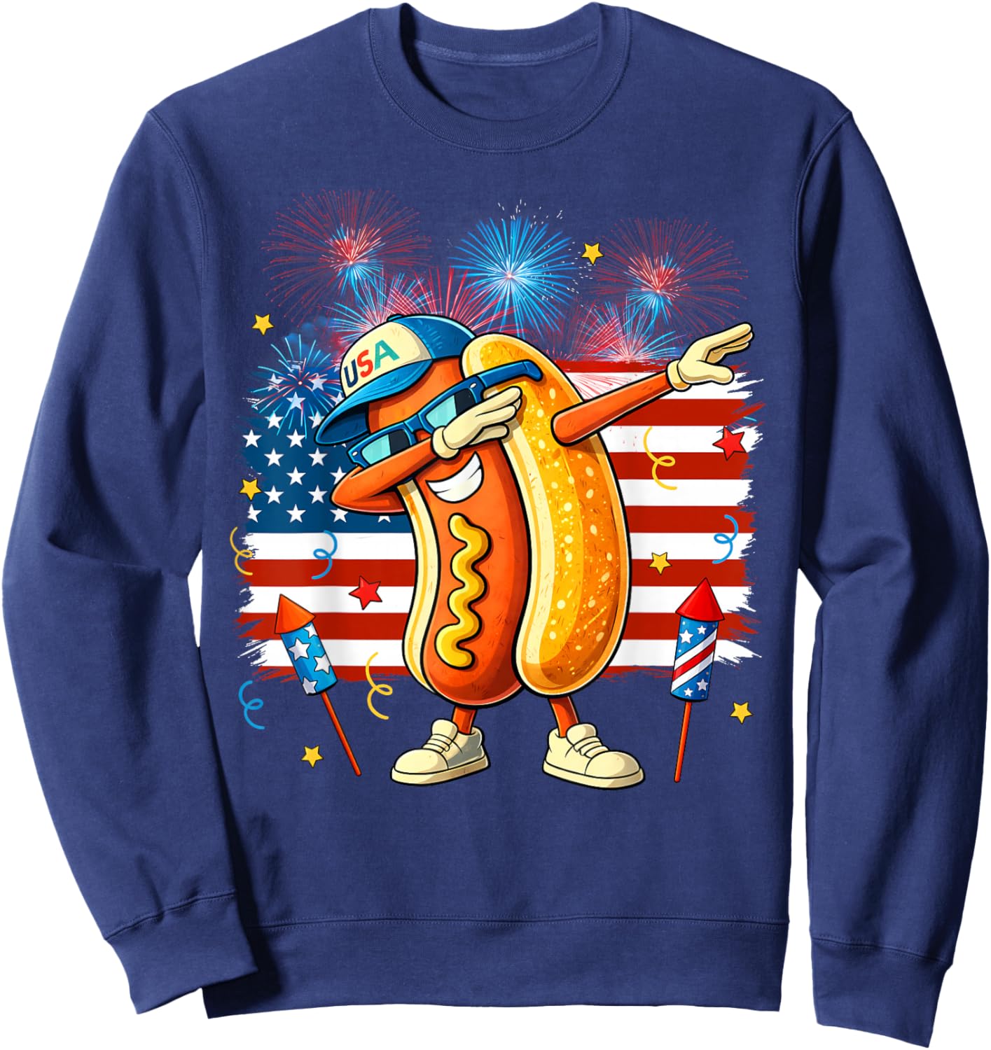 Funny Hotdog Dabbing Firework Patriotic USA Flag 4th of July Sweatshirt - Sweatshirt | Navy
