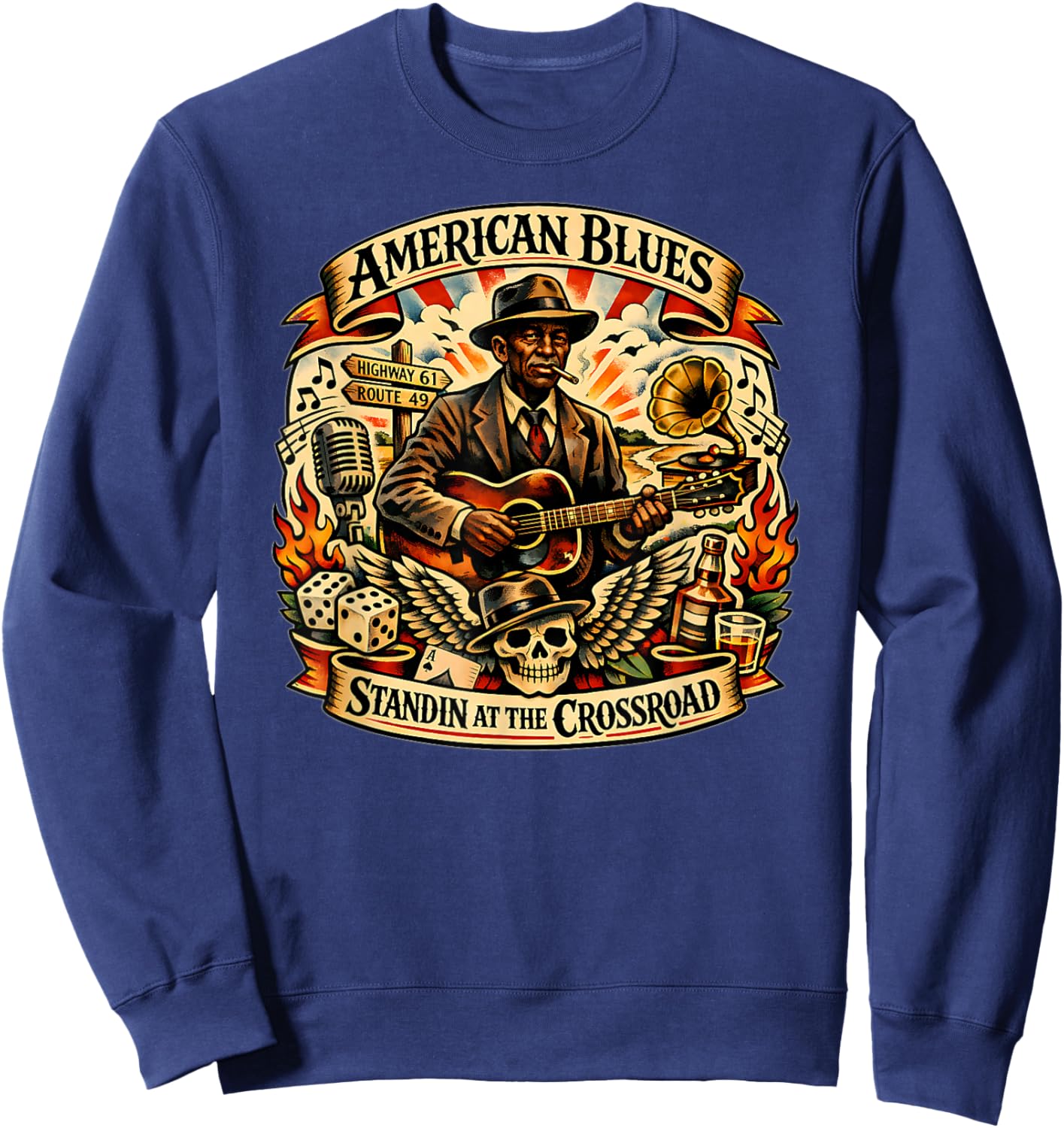 American Delta Blues Music Roots Crossroad Retro Vintage Sweatshirt - Sweatshirt | Navy