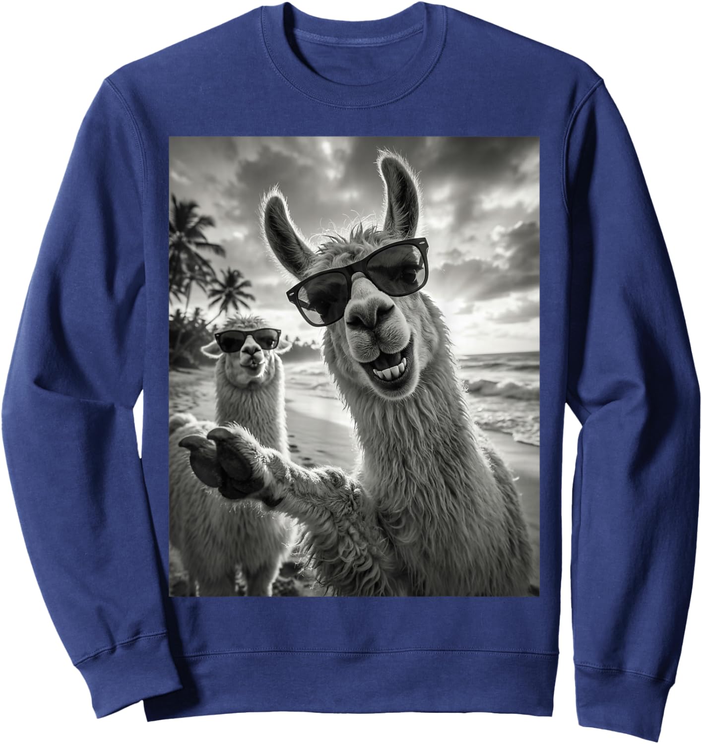 Cool Llama Selfie At The Beach, Cute Llamas Alpaca Sweatshirt - Sweatshirt | Navy