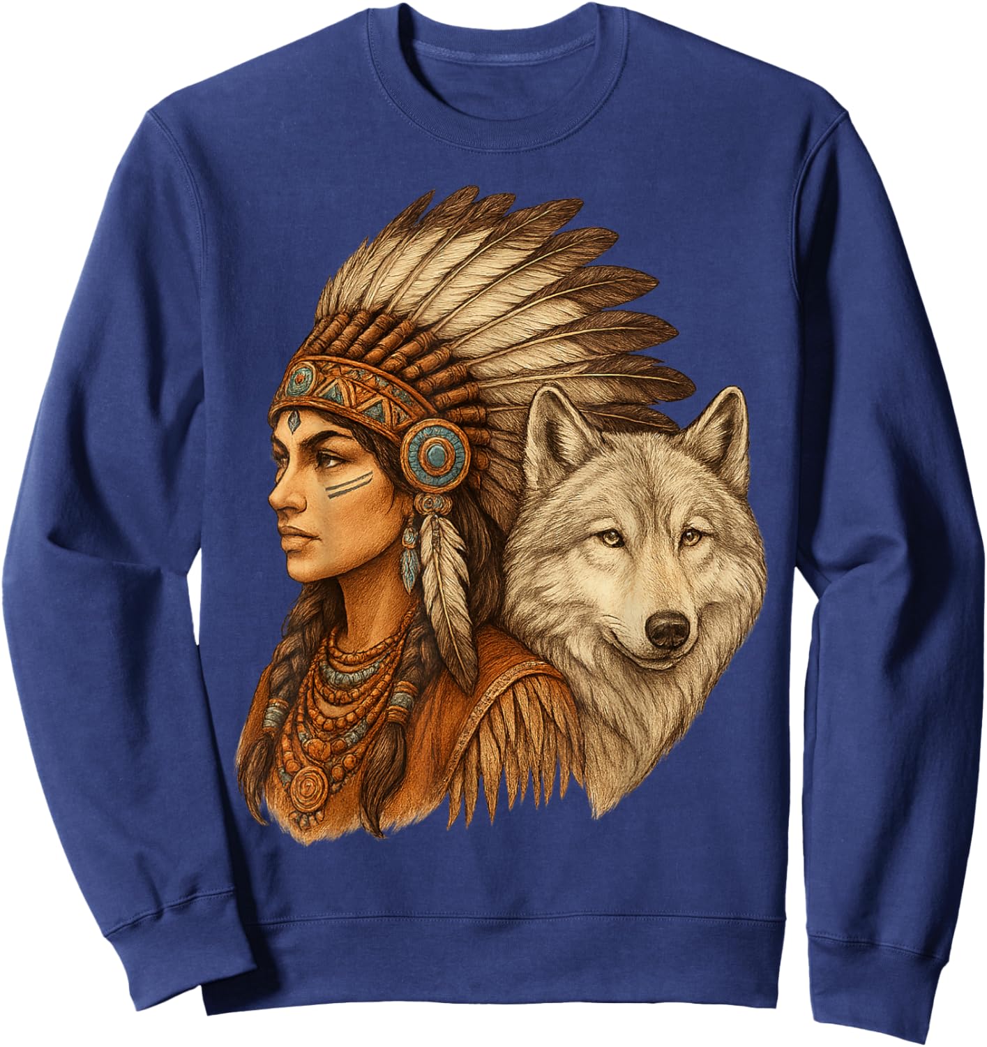 Indian Native American Woman with White Wolf Vitage Sweatshirt - Sweatshirt | Navy