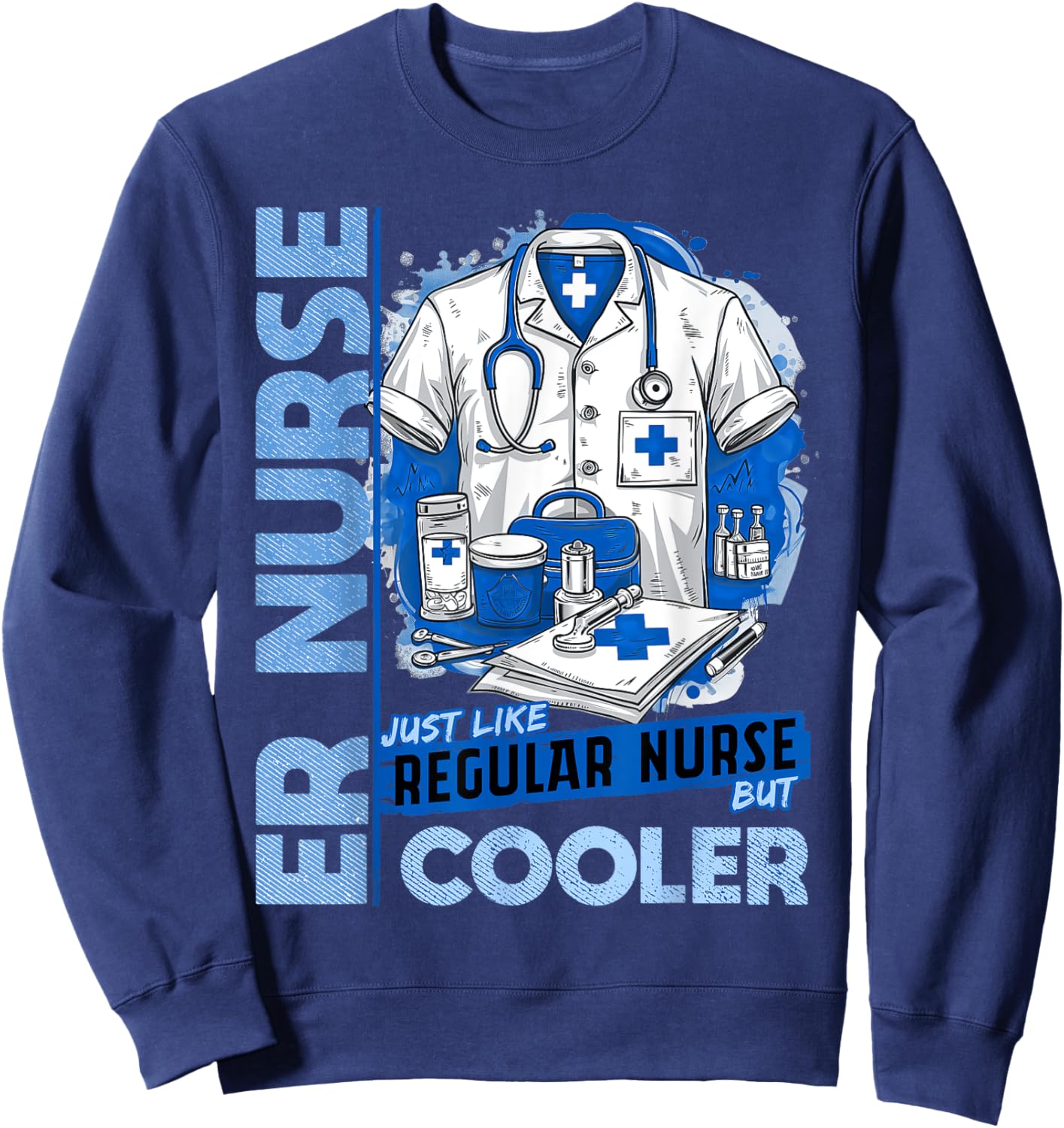 Cool ER Nurse Apparel Healthcare Professionals ER Nurse Black Small Modern Classic U-Neck Short Sleeve Humorous ER Nurse Design Sweatshirt - Sweatshirt | Navy