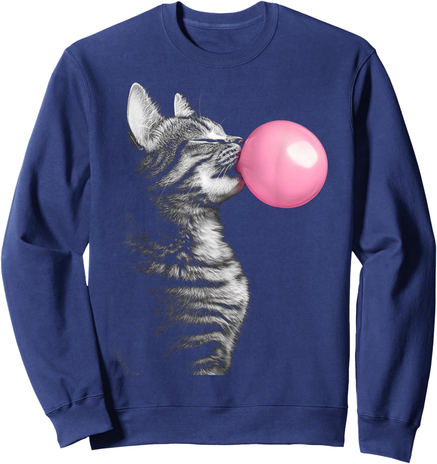 Black Graphic Cat Blowing Chewing Bubble Gum Pink Men Women Kids Sweatshirt - Sweatshirt | Navy