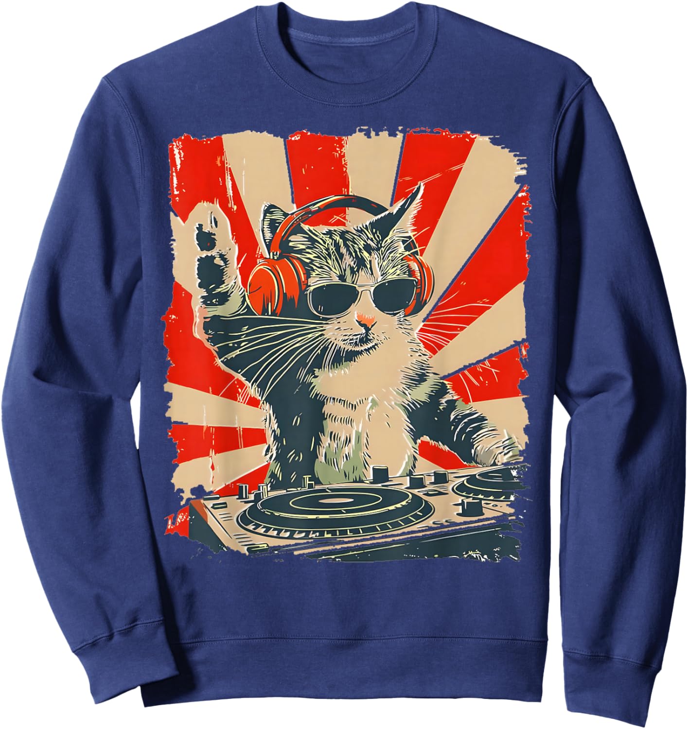 Funny DJ Cat with Headphones Retro Music Lover Art Sweatshirt - Sweatshirt | Navy
