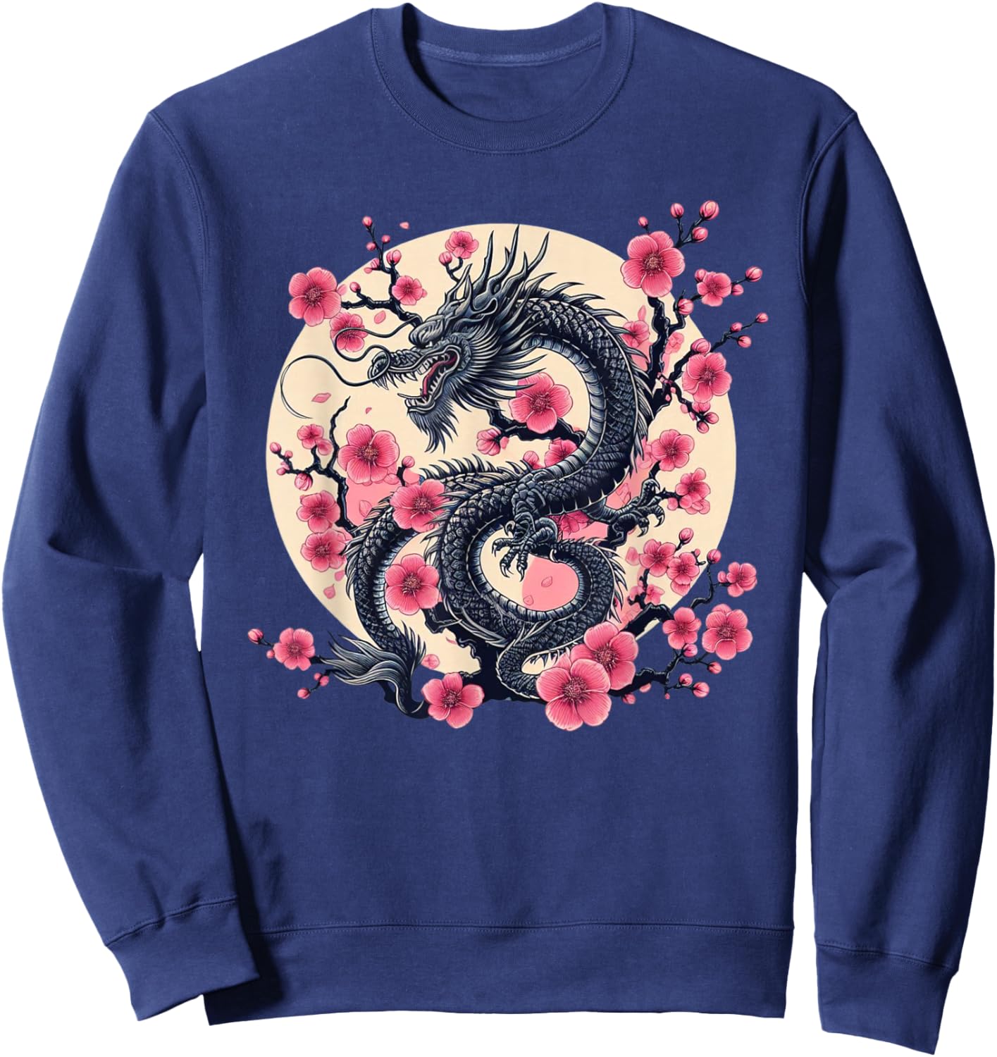 Vintage Chinese Dragon Asian Art Cherry Blossom Pink Flower Sweatshirt - Sweatshirt | Navy