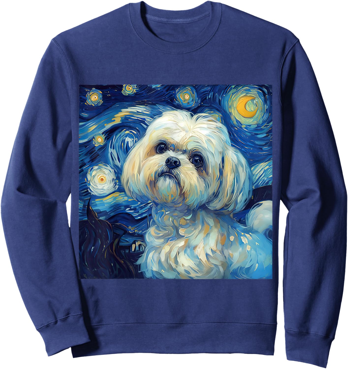 Maltese Dog Starry Night Vincent Van Gogh Painting Sweatshirt - Sweatshirt | Navy