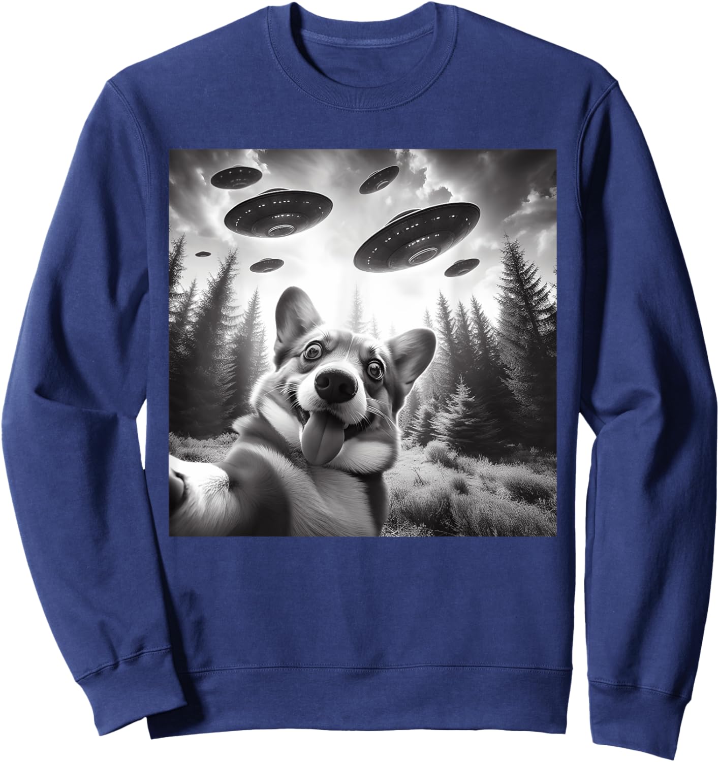 Corgi Dog Taking Selfie with UFOs Outer Space Alien Geeks Men Women Kids Sweatshirt - Sweatshirt | Navy