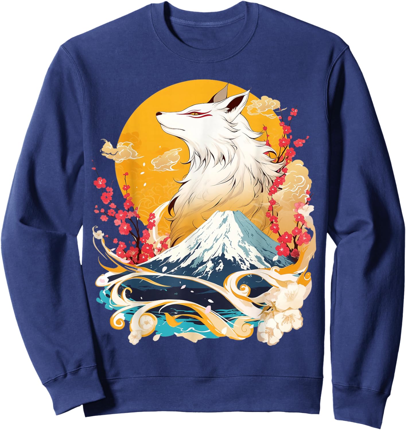 Kitsune Fox with Cherry Blossom Landscape Sweatshirt - Sweatshirt | Navy