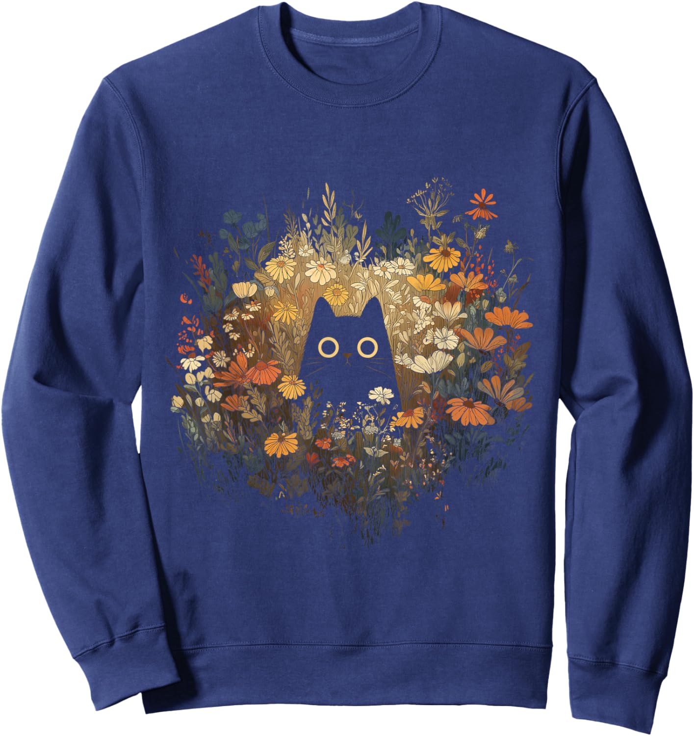 Cat Wildflower Funny Cute Floral Black Cat Sweatshirt - Sweatshirt | Navy