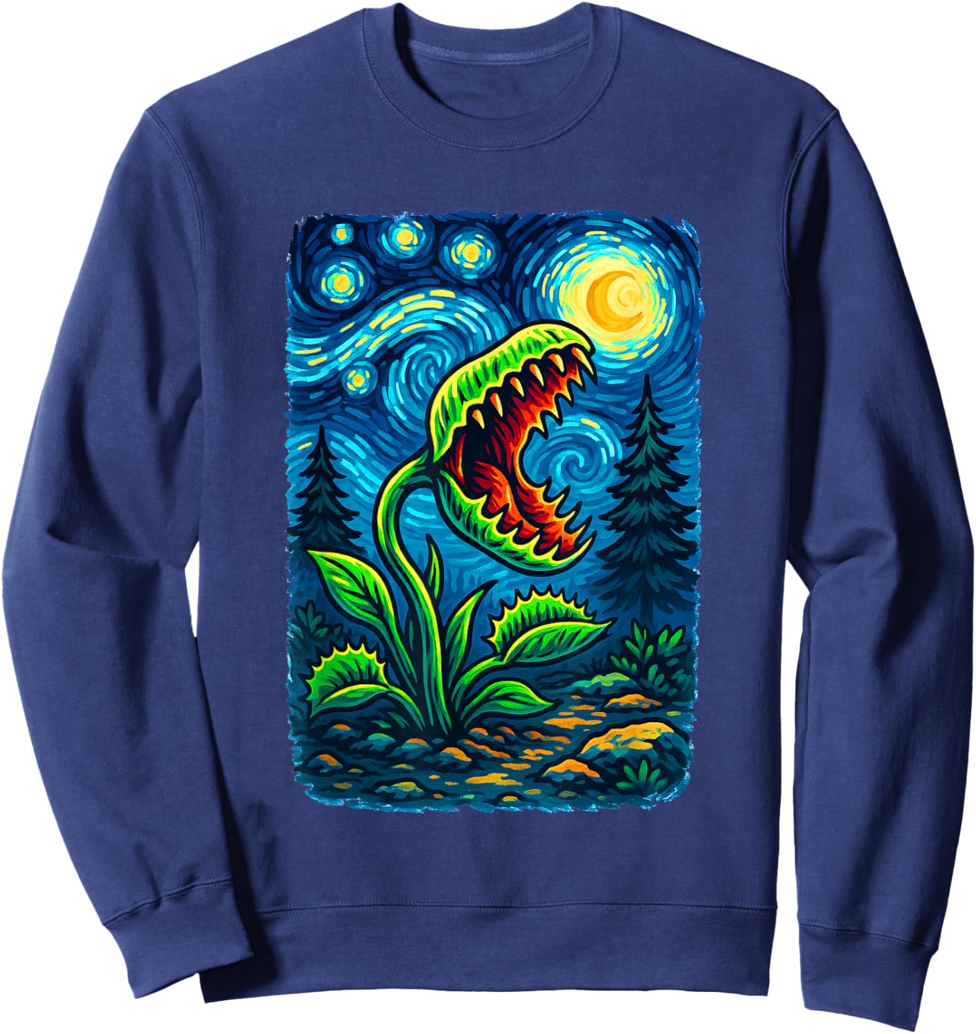 Carnivorous Plant Venus Fly Trap Design Starry Night Art Sweatshirt - Sweatshirt | Navy