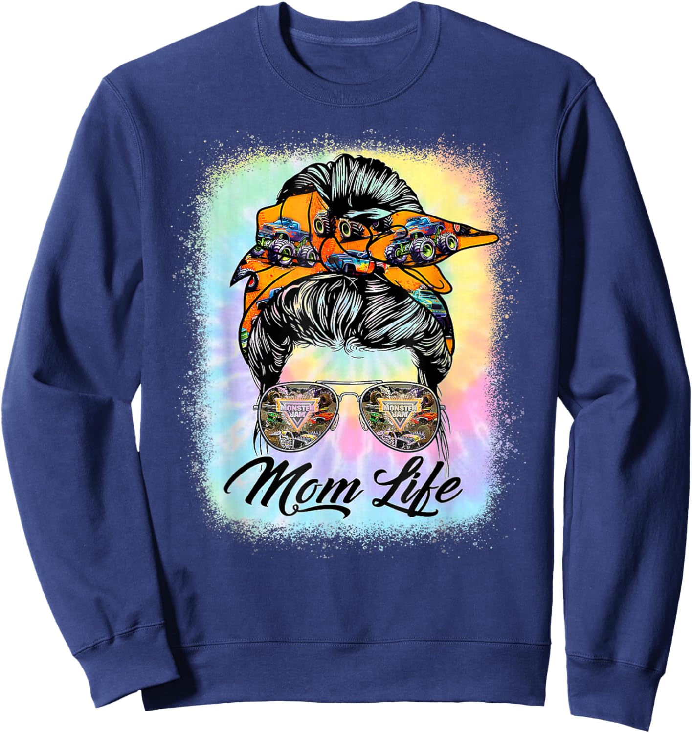 Messy Bun Woman & Monster Truck Mom Life Happy Tie Dye Sweatshirt - Sweatshirt | Navy