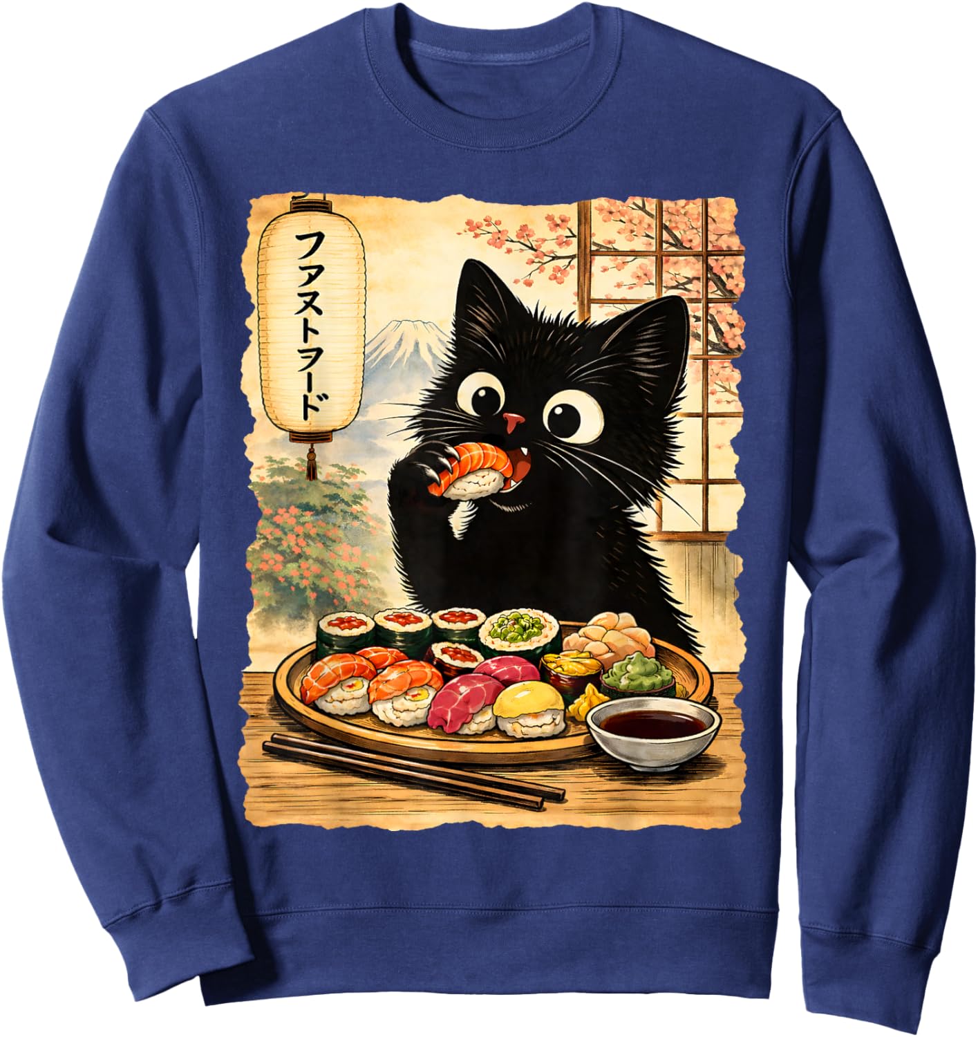 Schwarze süße Katze isst Sushi Kawaii Japanisches Essen Anime Katzen Sweatshirt - Sweatshirt | Navy