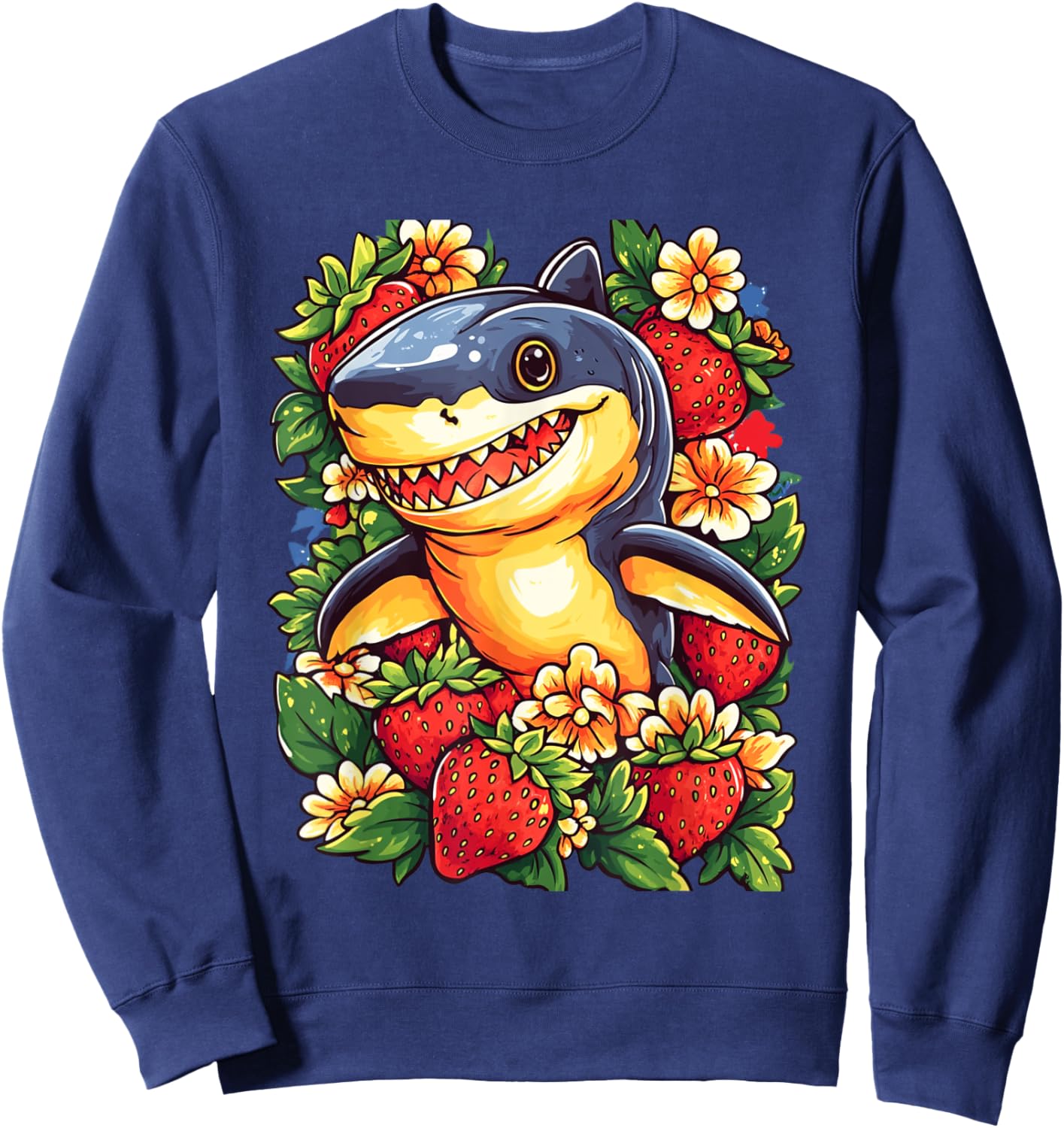 Shark Strawberries and Flowers Graphic Cute Shark Sweatshirt - Sweatshirt | Navy
