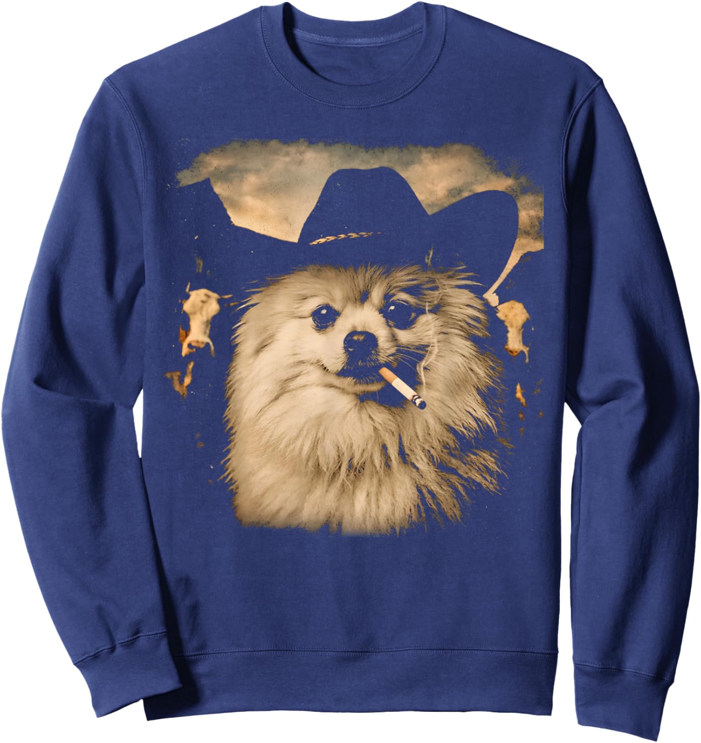 Pomeranian Western Graphic Vintage Cowboy Dog Smoking Meme Sweatshirt - Sweatshirt | Navy
