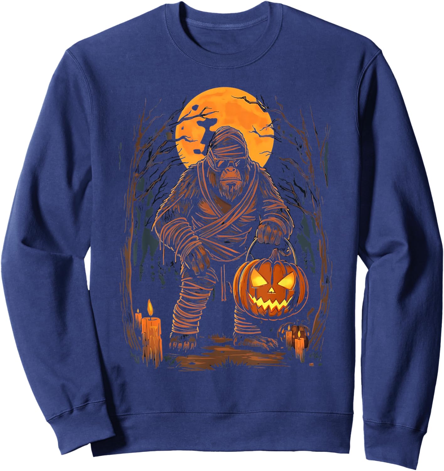 Mummy Bigfoot Holding Pumpkin Halloween Costume Fun Sweatshirt - Sweatshirt | Navy