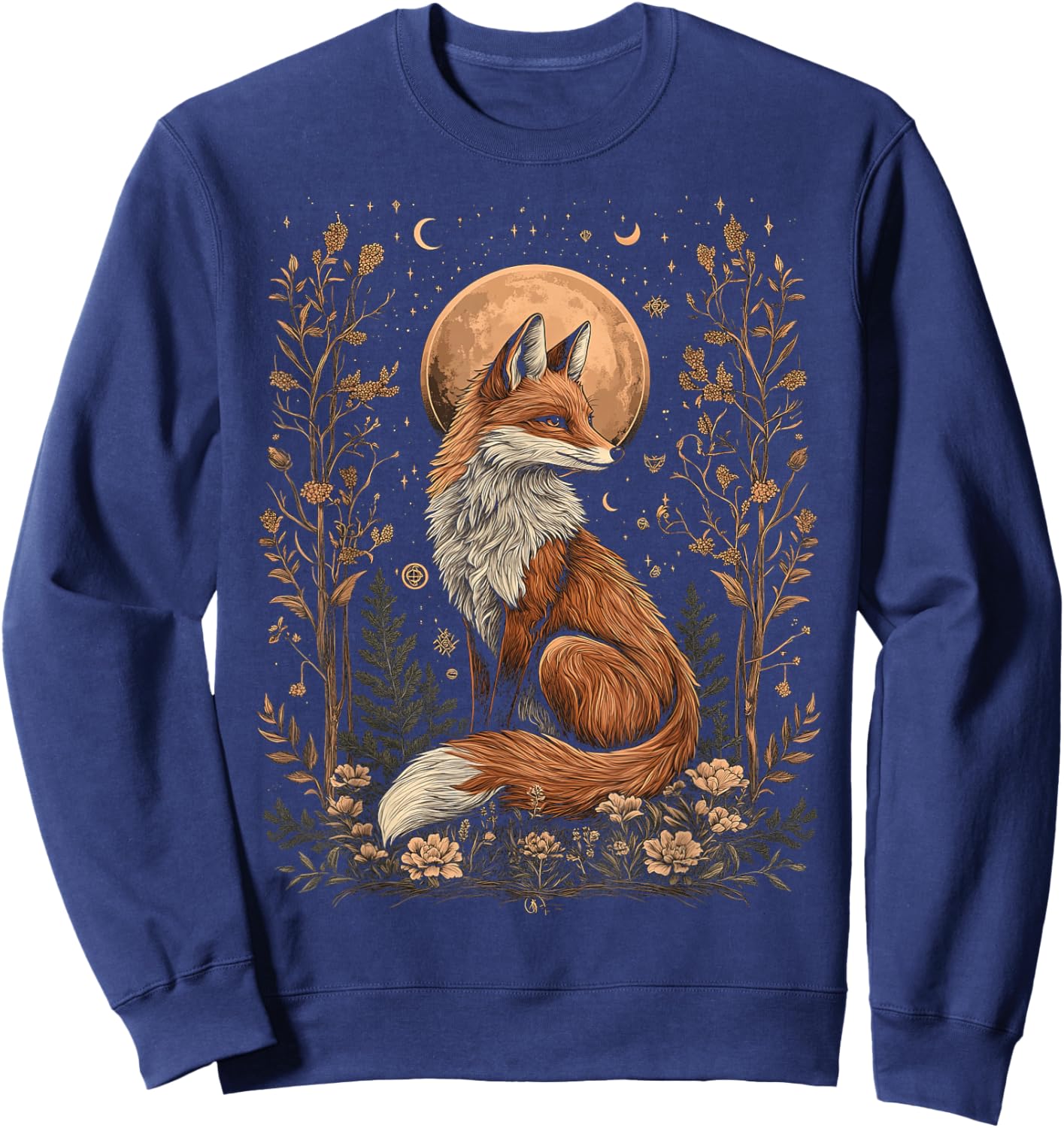 Mystic Moon and Moonphase Fox Mystical Flowers Aesthetic Sweatshirt - Sweatshirt | Navy