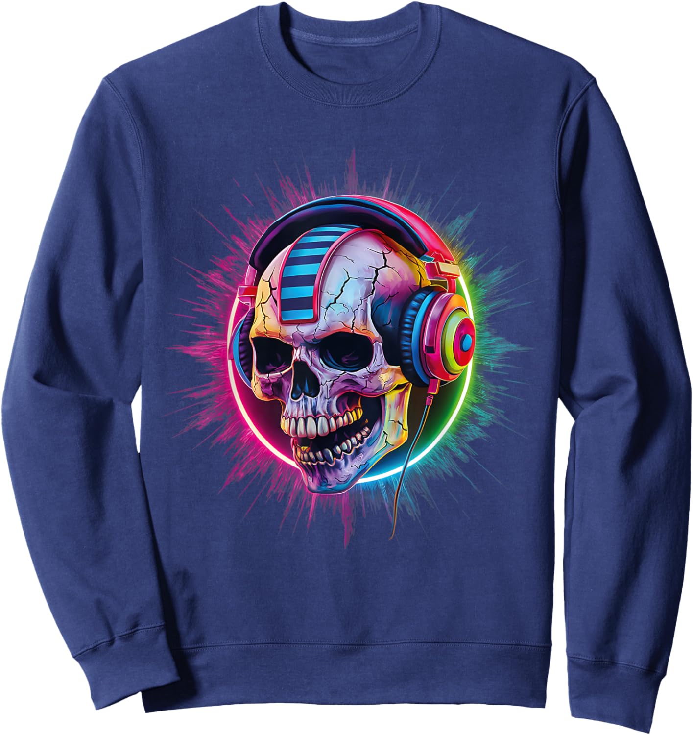 Skull Wearing Headphones Gamer Skeleton Gaming Graffiti Sweatshirt - Sweatshirt | Navy