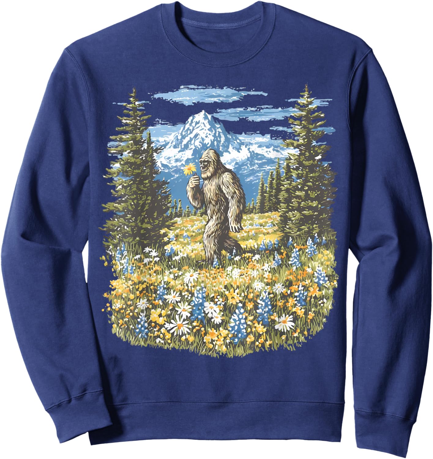 Bigfoot in Flower Field Mountain Hiking Nature Sasquatch Sweatshirt - Sweatshirt | Navy