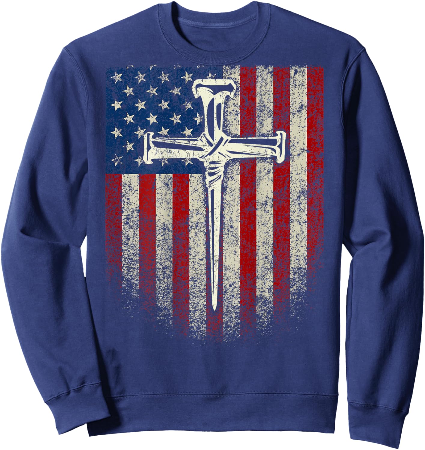 (Art on Back) American US Flag Cross Christian Sweatshirt - Sweatshirt | Navy