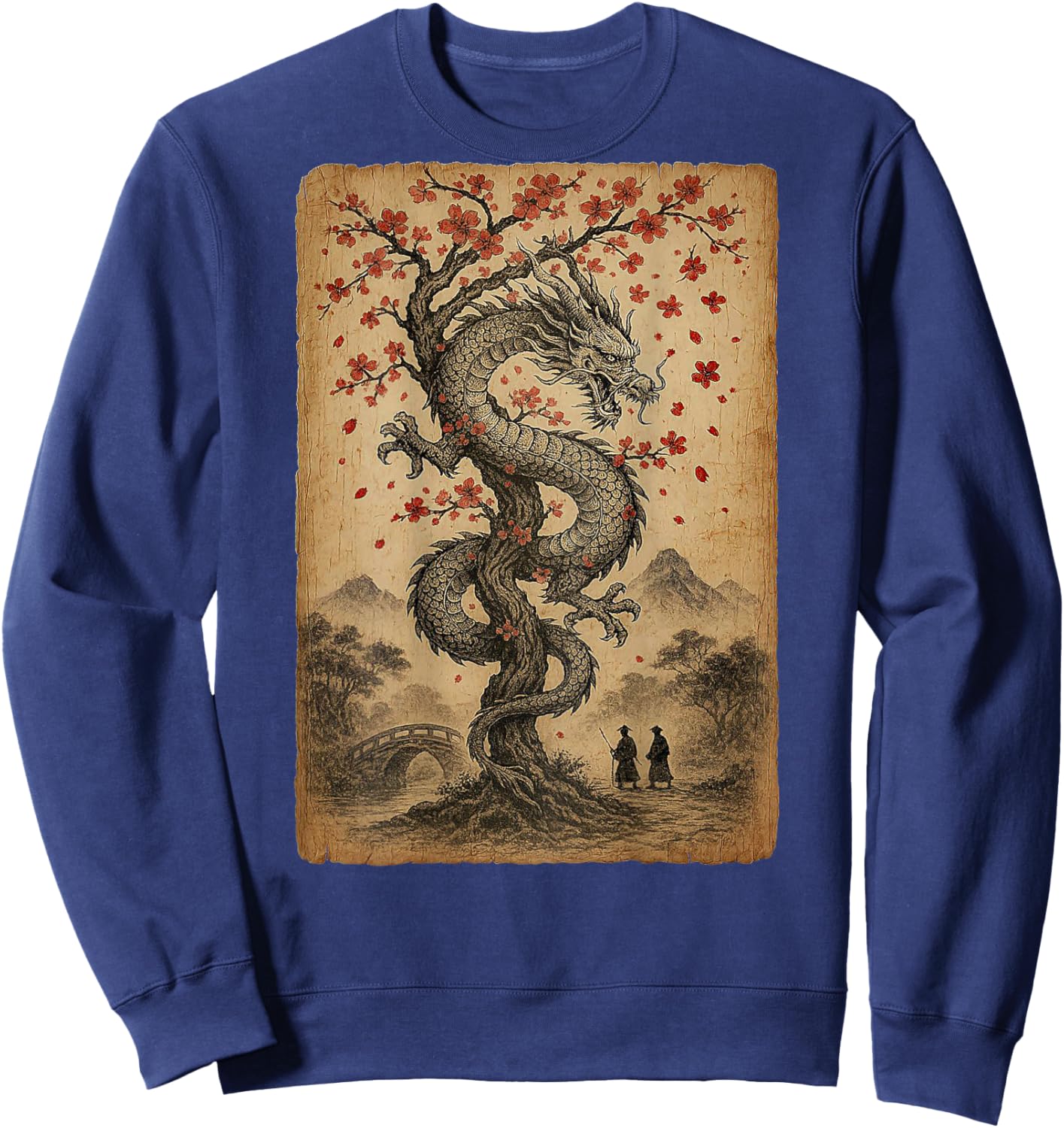 Vintage Japanese Dragon with Cherry Blossom Tree Wooden Sweatshirt - Sweatshirt | Navy