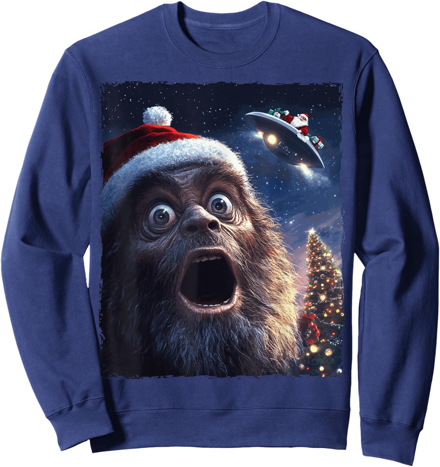Funny Bigfoot Sasquatch Selfie Santa Ufo Xmas Christmas Sweatshirt - Sweatshirt | Navy