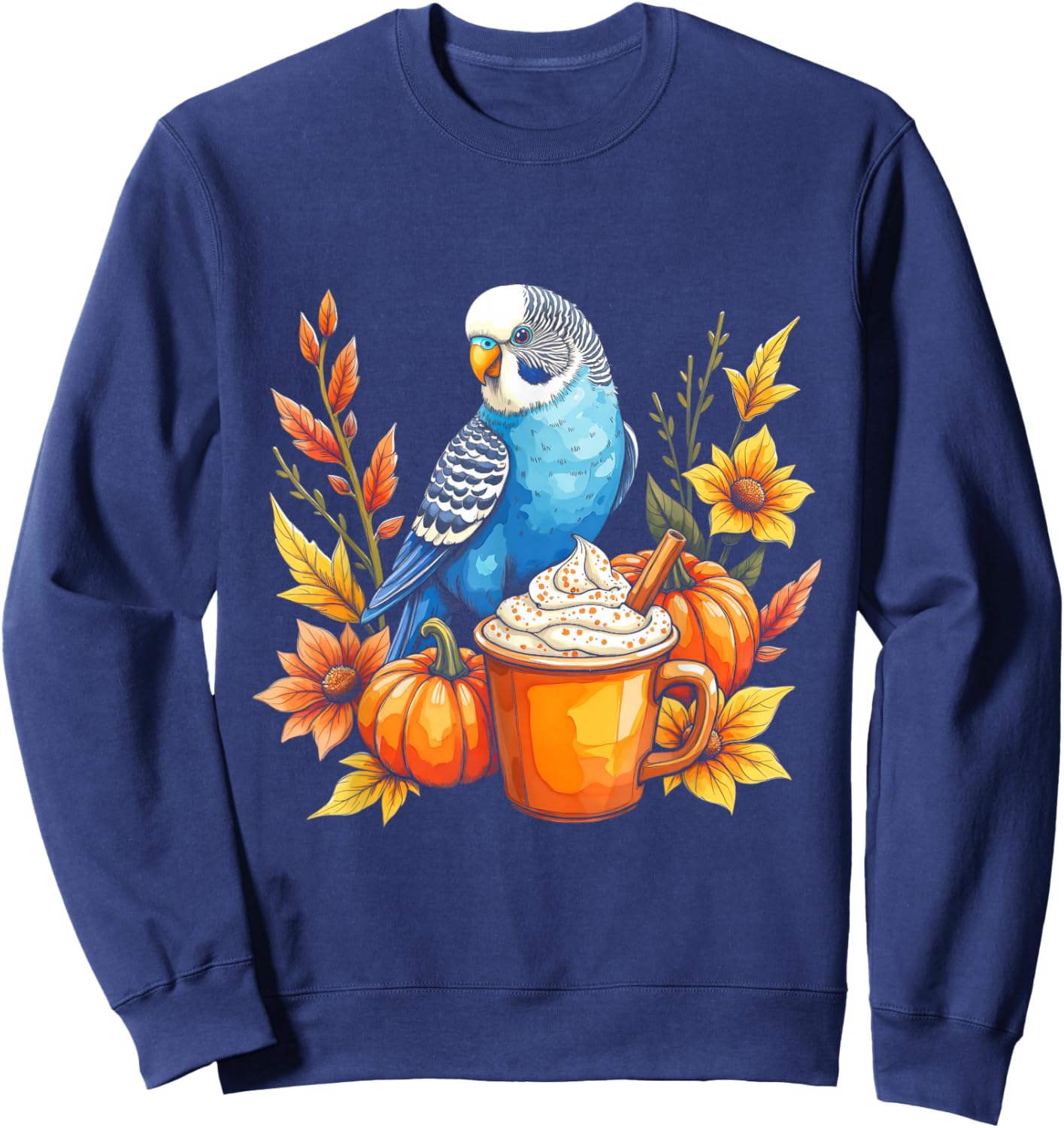 Budgie Parakeet Pumpkin Spice Latte and Fall Vibes Autumn Sweatshirt - Sweatshirt | Navy