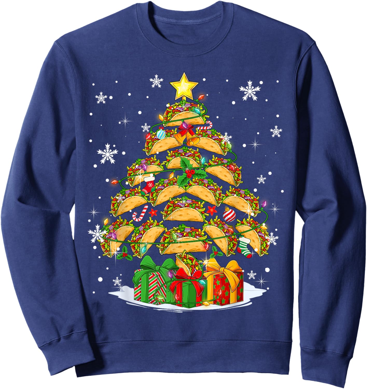 Funny Tacos Christmas Tree Lights Mexican Food Lover Xmas Sweatshirt - Sweatshirt | Navy