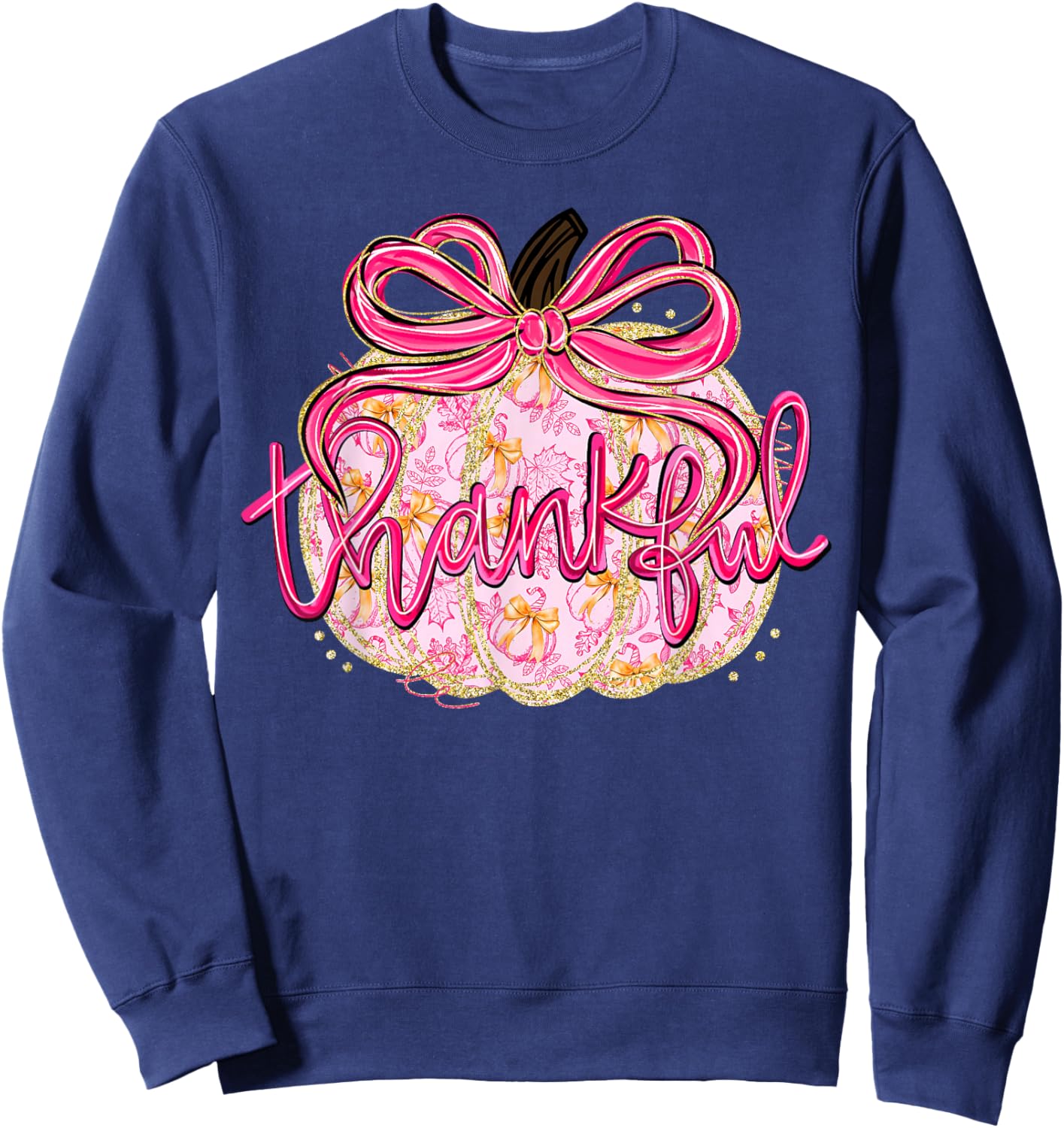 Coquette Bow Thankful Pumpkin Season Thanksgiving Autumn Sweatshirt - Sweatshirt | Navy