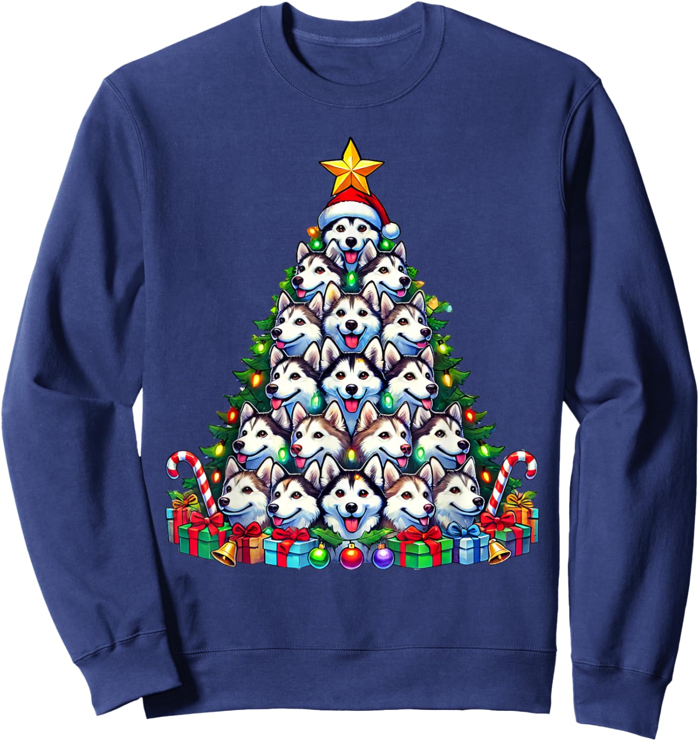 Siberian Husky Dog Christmas Tree Funny Husky Xmas Sweatshirt - Sweatshirt | Navy