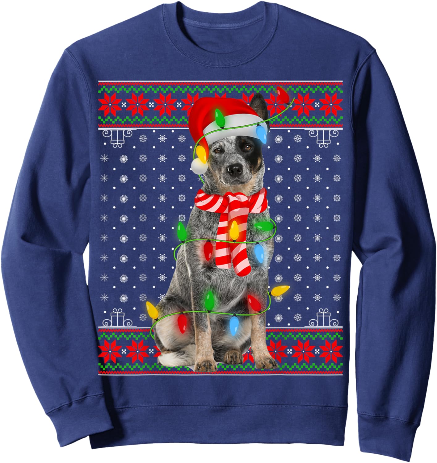 Ugly Xmas Dog Lights Santa Hat Blue Heeler Dog Christmas Men Women Girls Kids Sweatshirt - Sweatshirt | Navy
