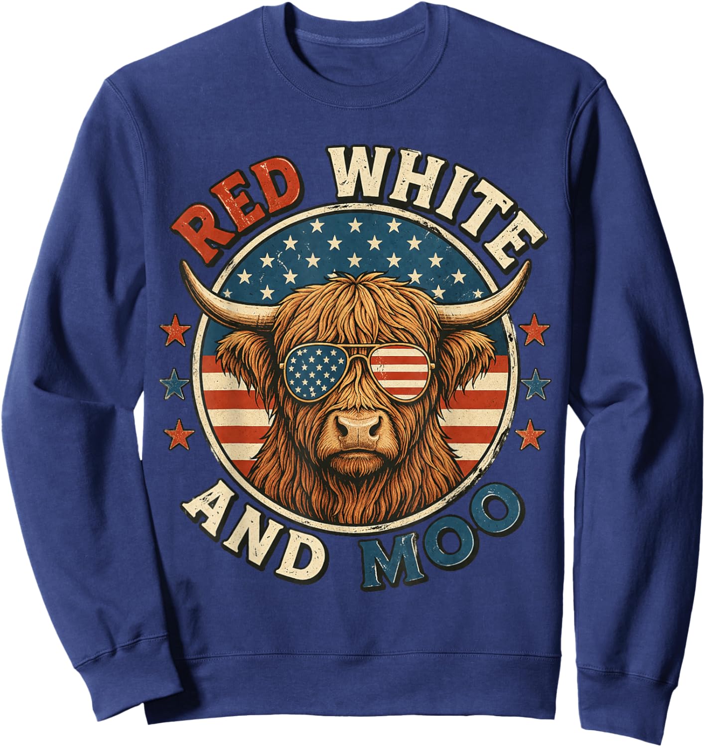 Red White and Moo Funny Highland Cow 4th of July Patriotic Sweatshirt - Sweatshirt | Navy